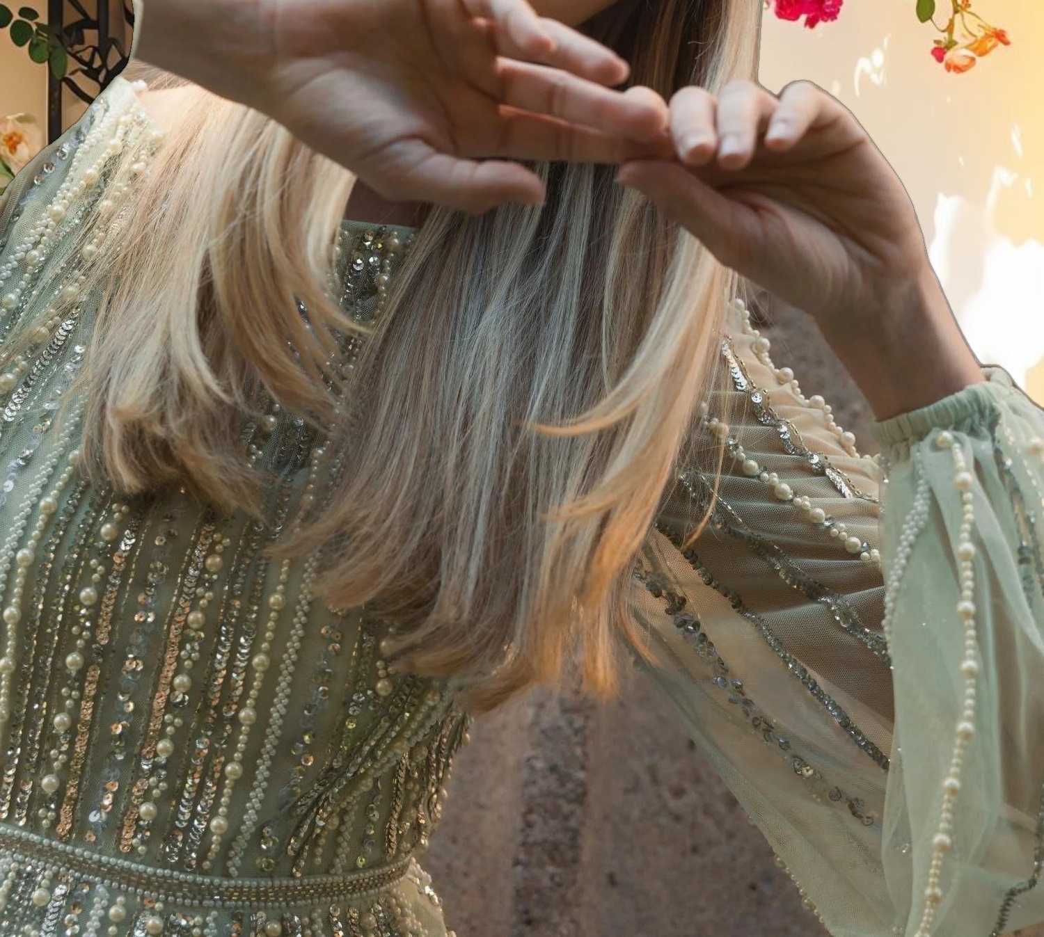 Striped Beaded Long Sleeve Gown