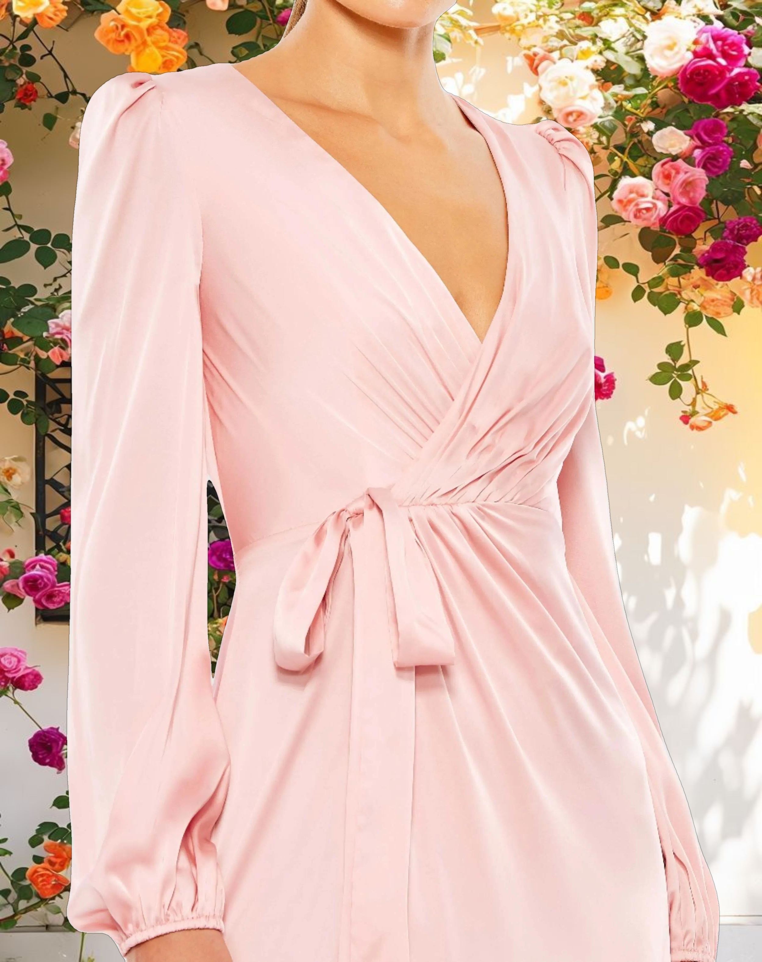 Pink Draped Faux Wrap Puff Long Sleeve Gown