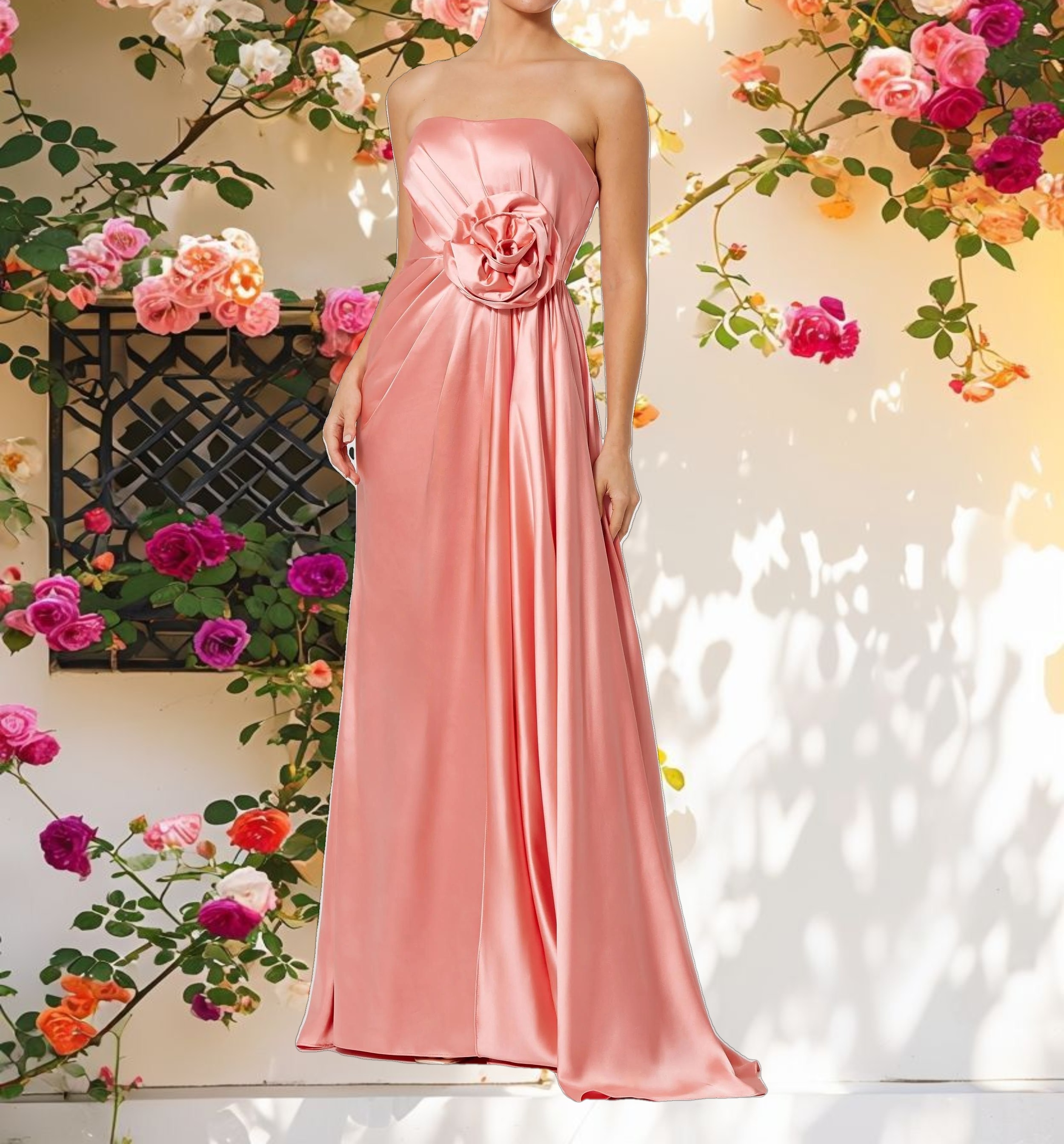 Pink Strapless Satin Gown With 3D Flower