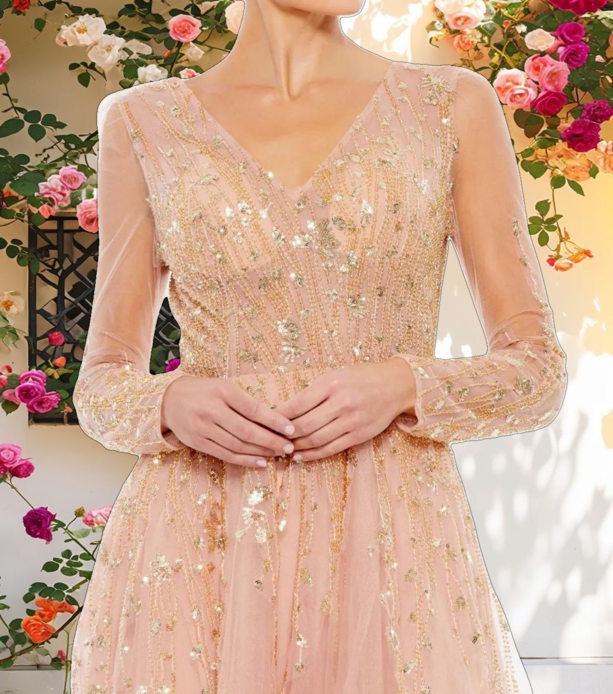 Pink Embellished V Neck Long Sleeve A Line Gown