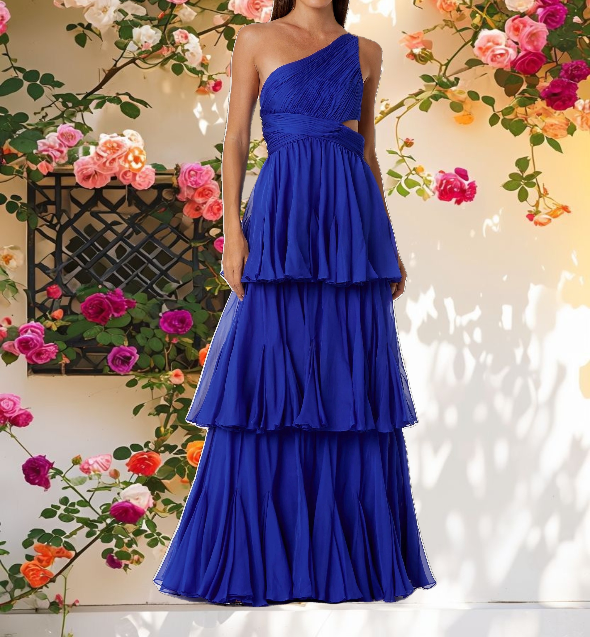 White One Shoulder Tiered Chiffon Dress