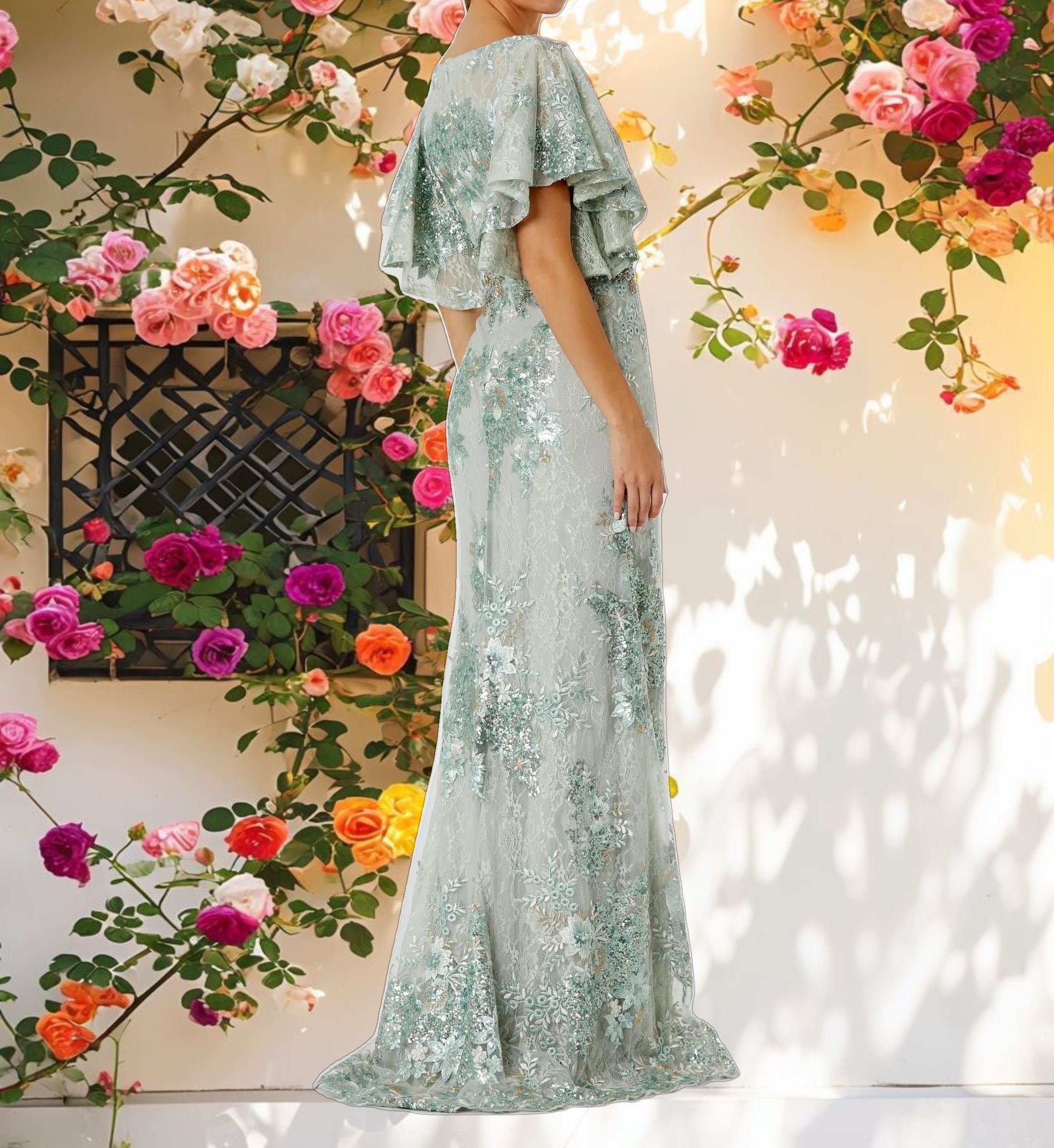 Green Bell Sleeve Floral Embellished Gown