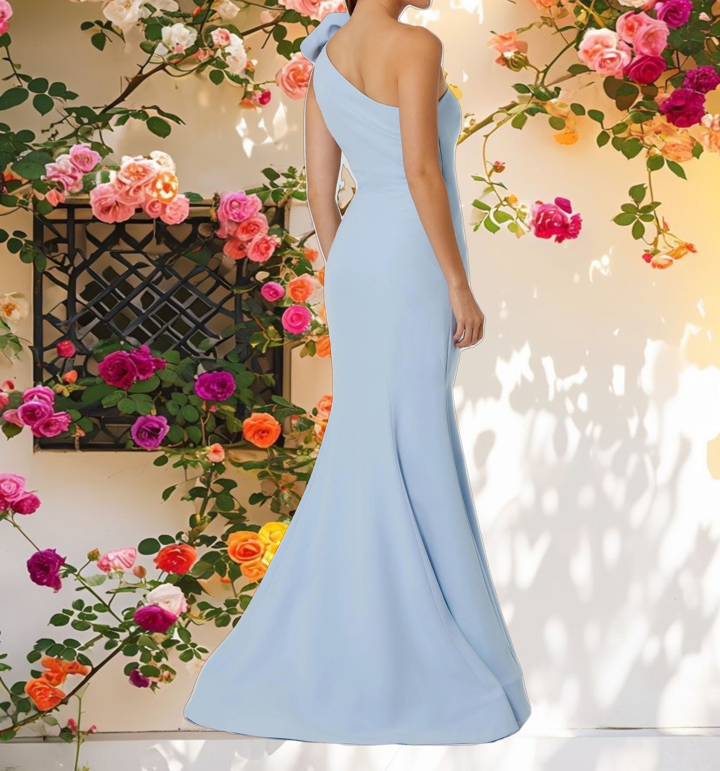 Blue Crepe One Shoulder Mermaid Gown With 3D Flower