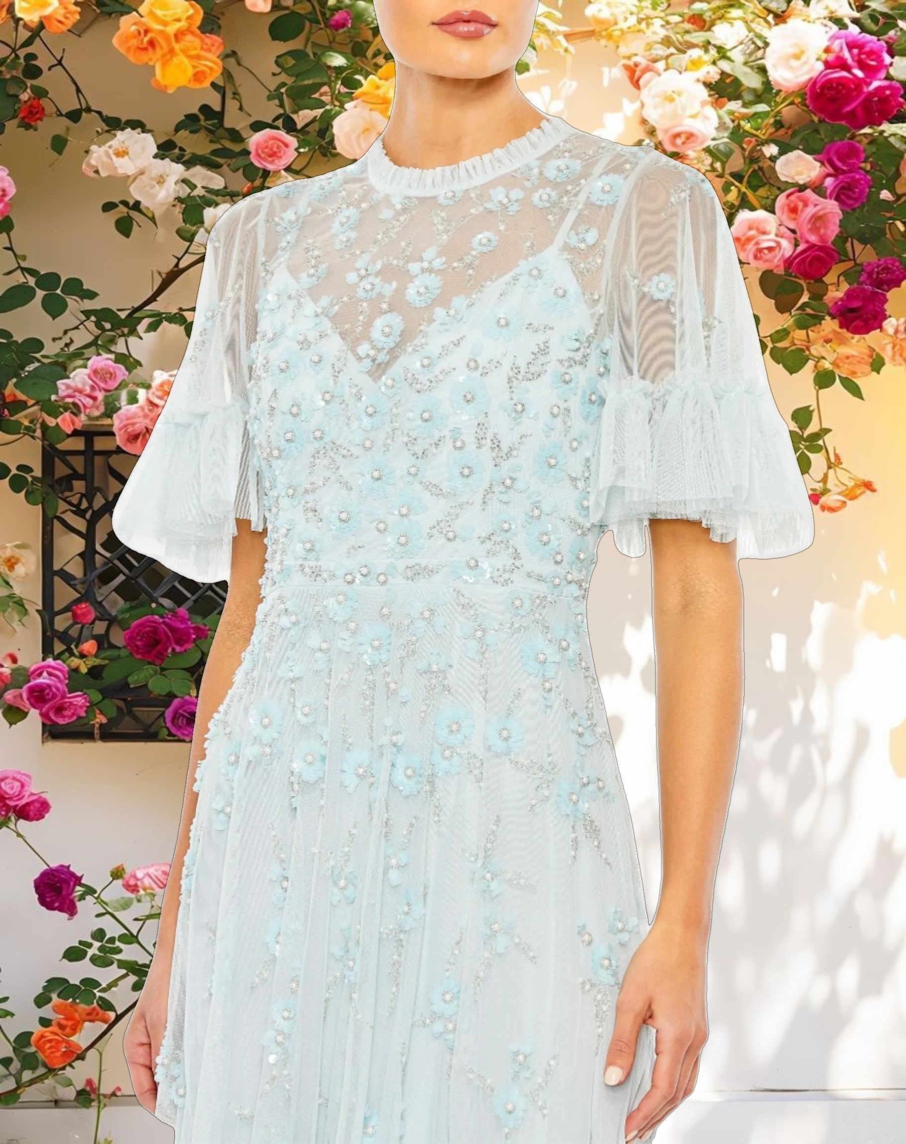 Ruffled Floral Embellished Flutter Sleeve A Line Gown