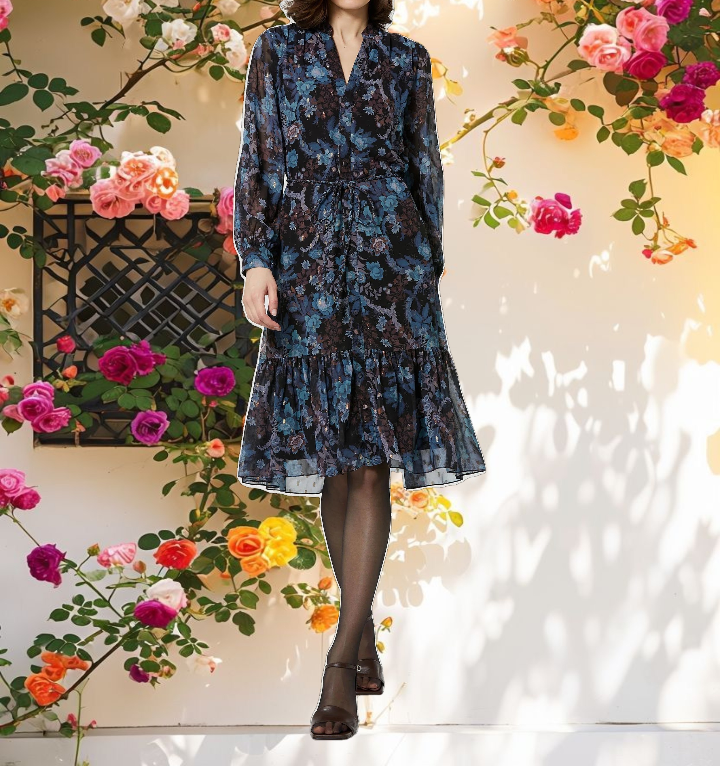 Shimmering Chiffon Bishop Sleeve Dress