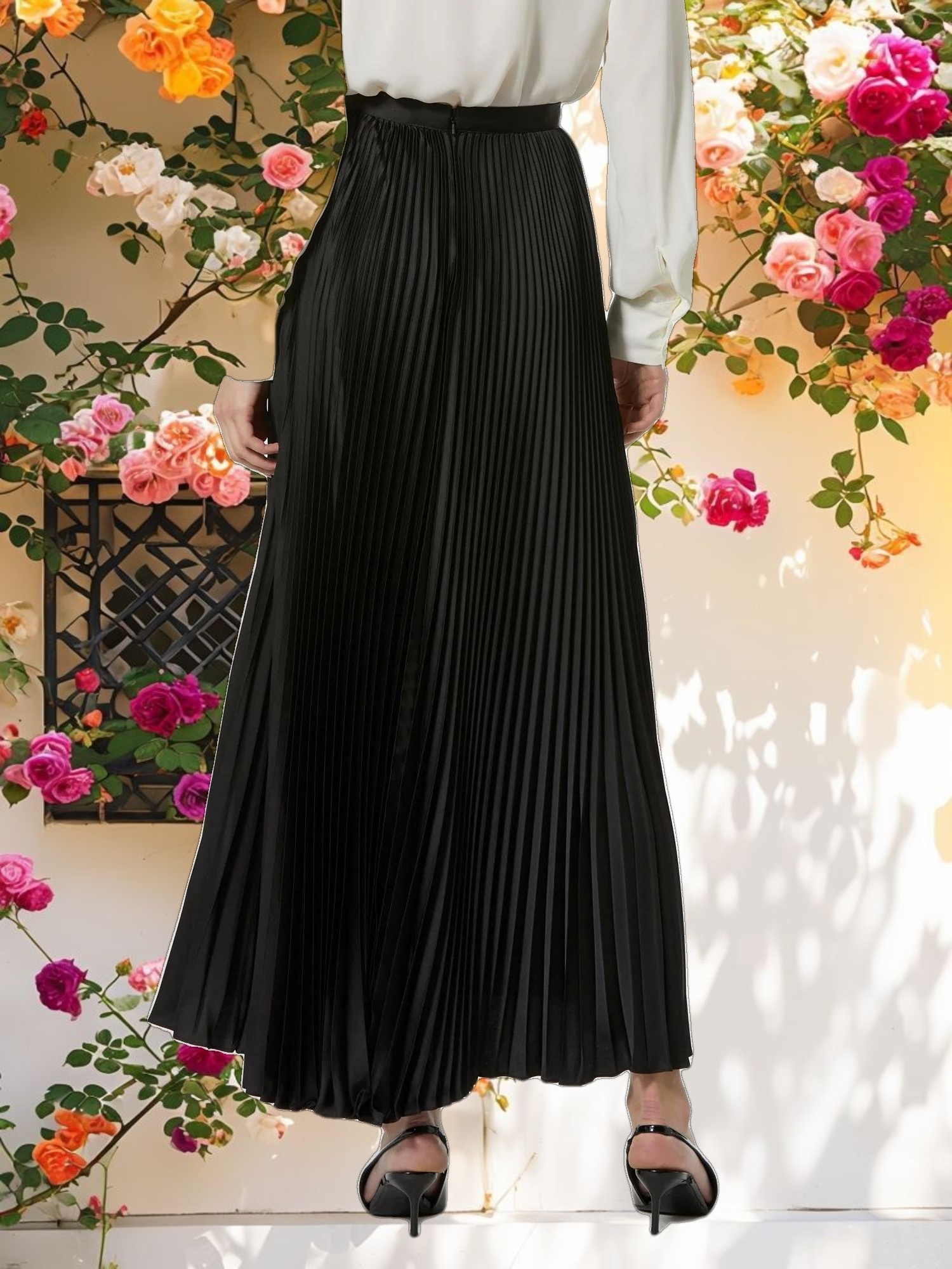 Black Ankle Length Satin Pleated Skirt