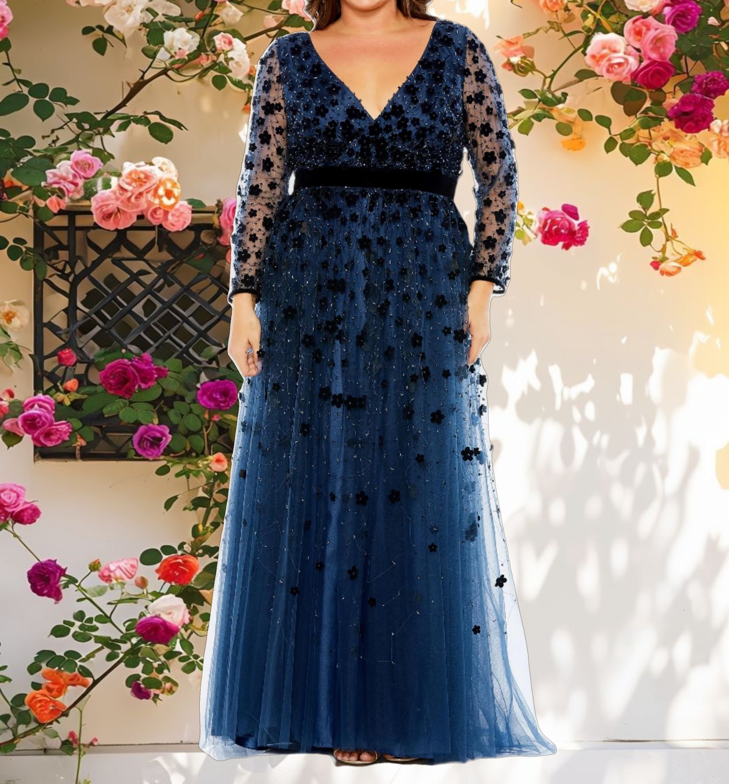 Blue Floral Patch Long Sleeve A Line Dress