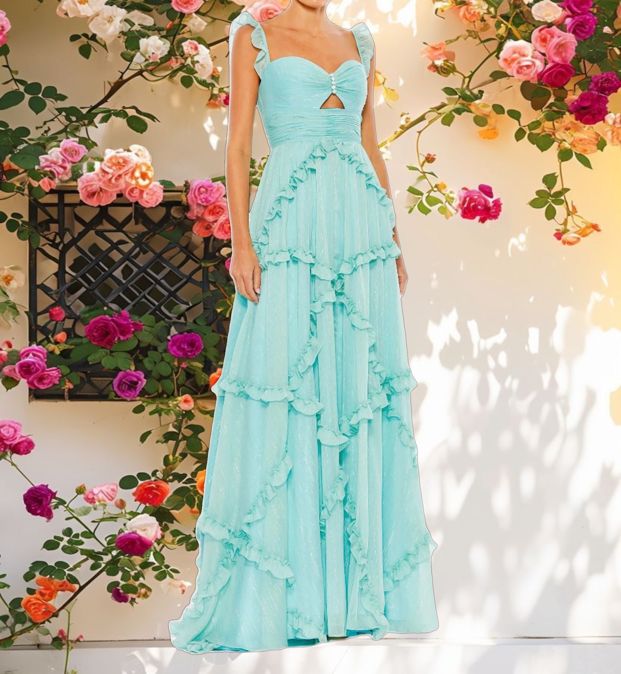 Blue Ruffle Tiered Sleeveless Flowy A Line Gown