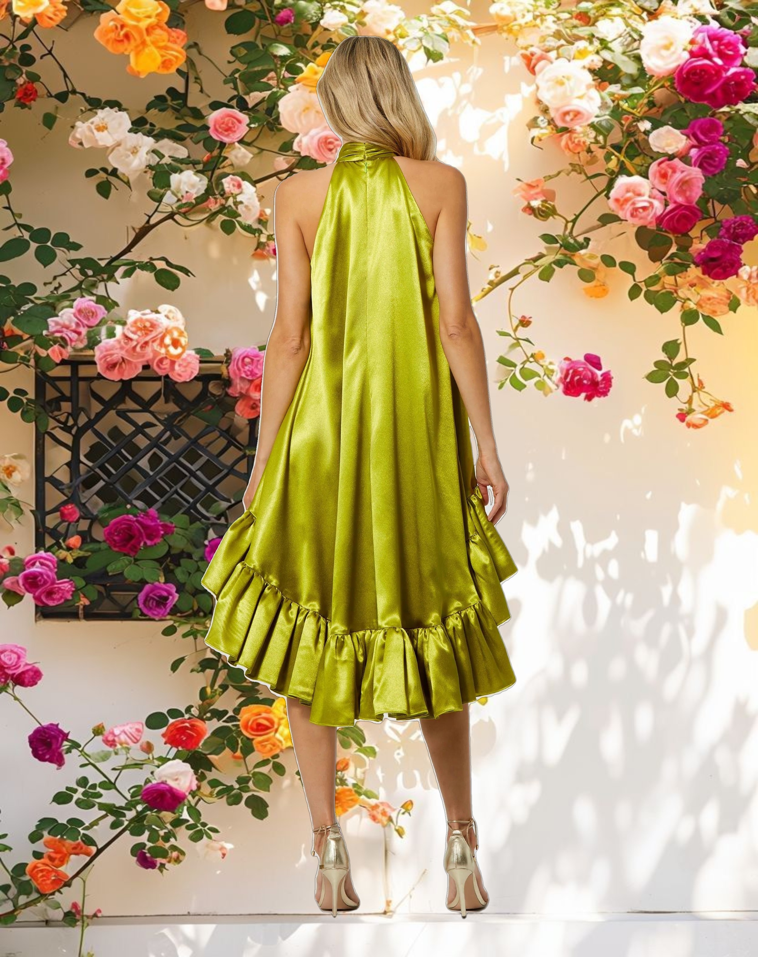 Green High Neck Satin Mini Dress With Keyhole