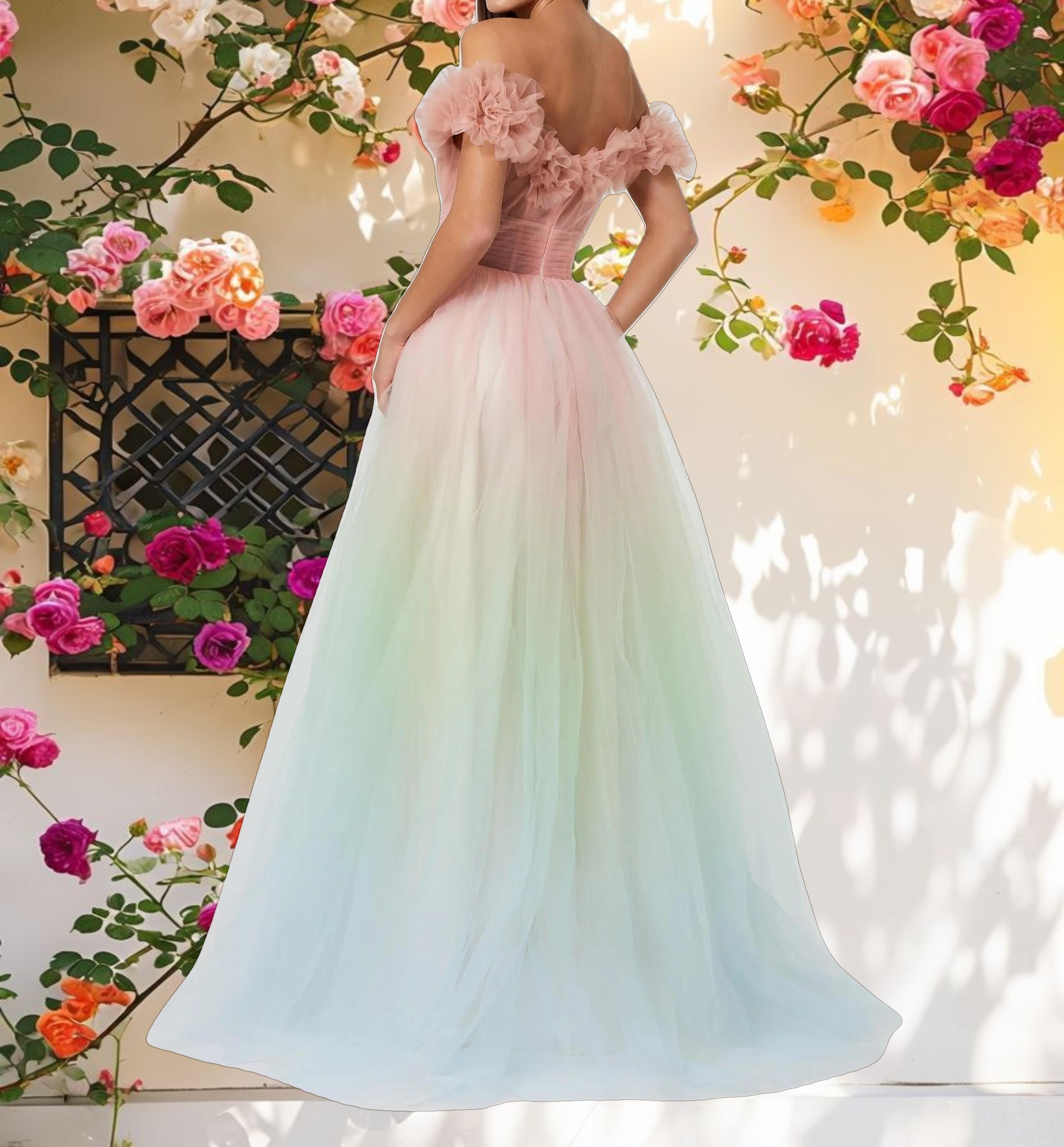 Multi-color Off The Shoulder Ombre Tulle Dress