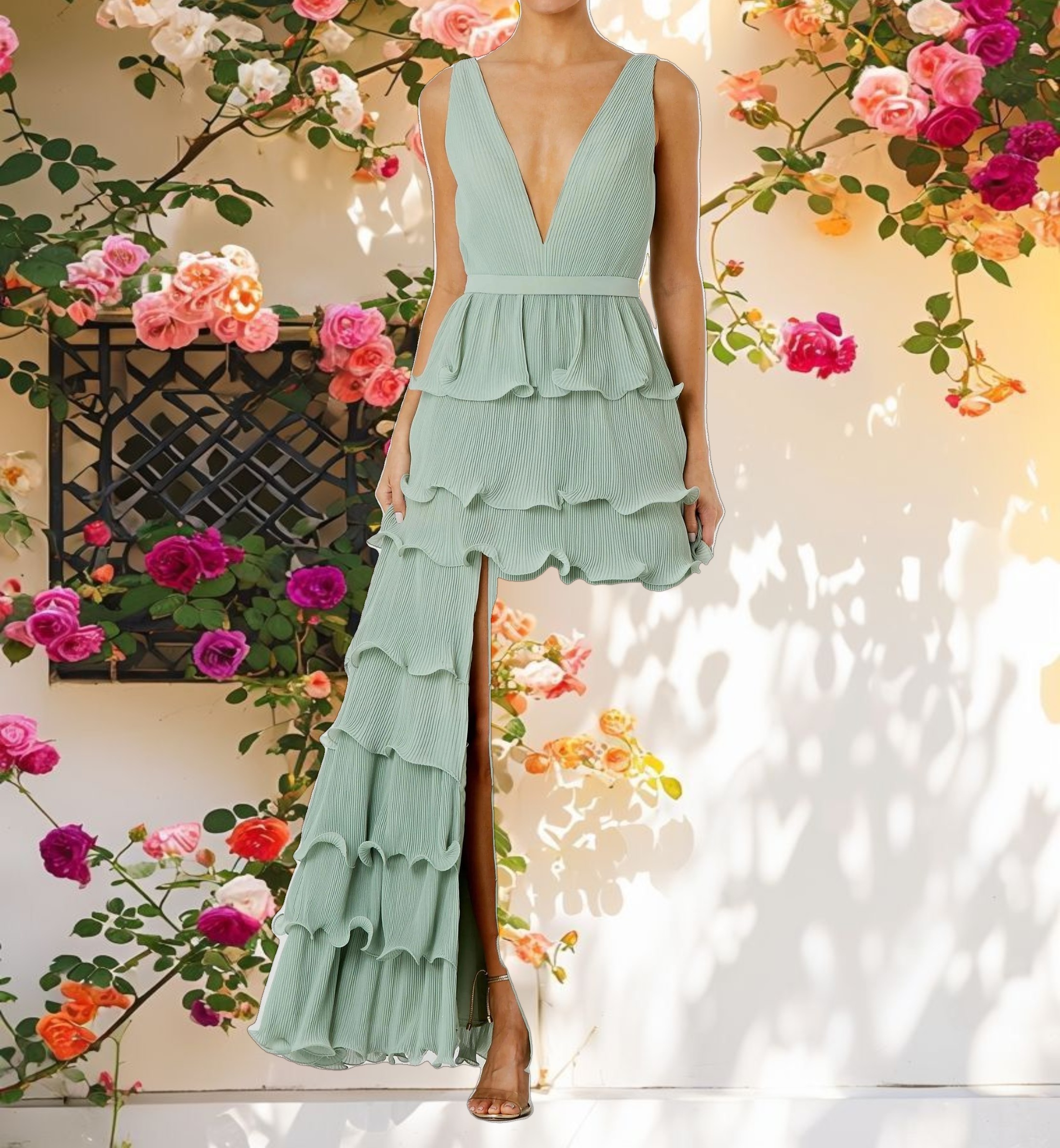 Green Sleeveless Ruffle Tiered V Neck Gown