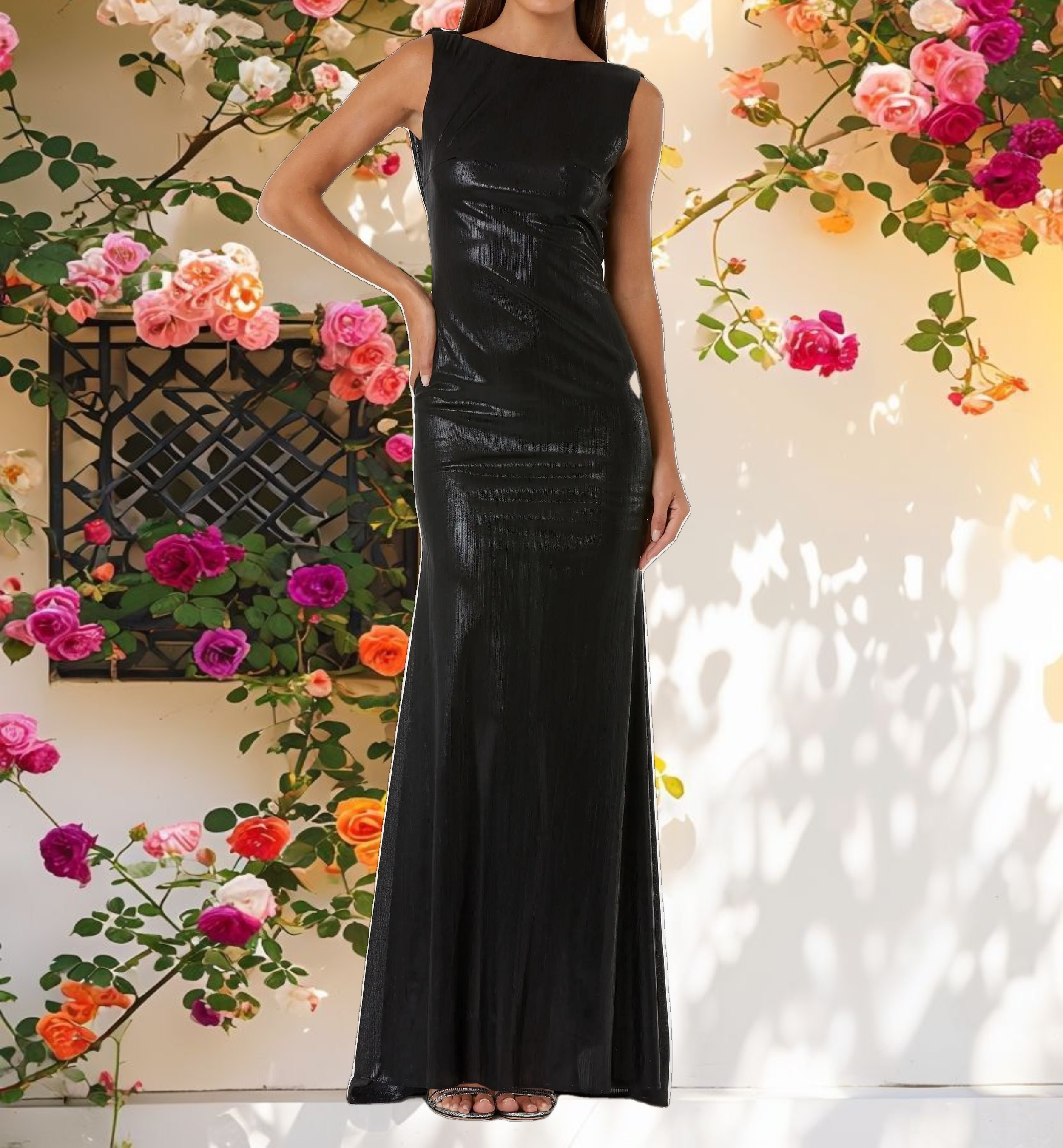 Black Metallic Jersey Cowl Back Column Gown