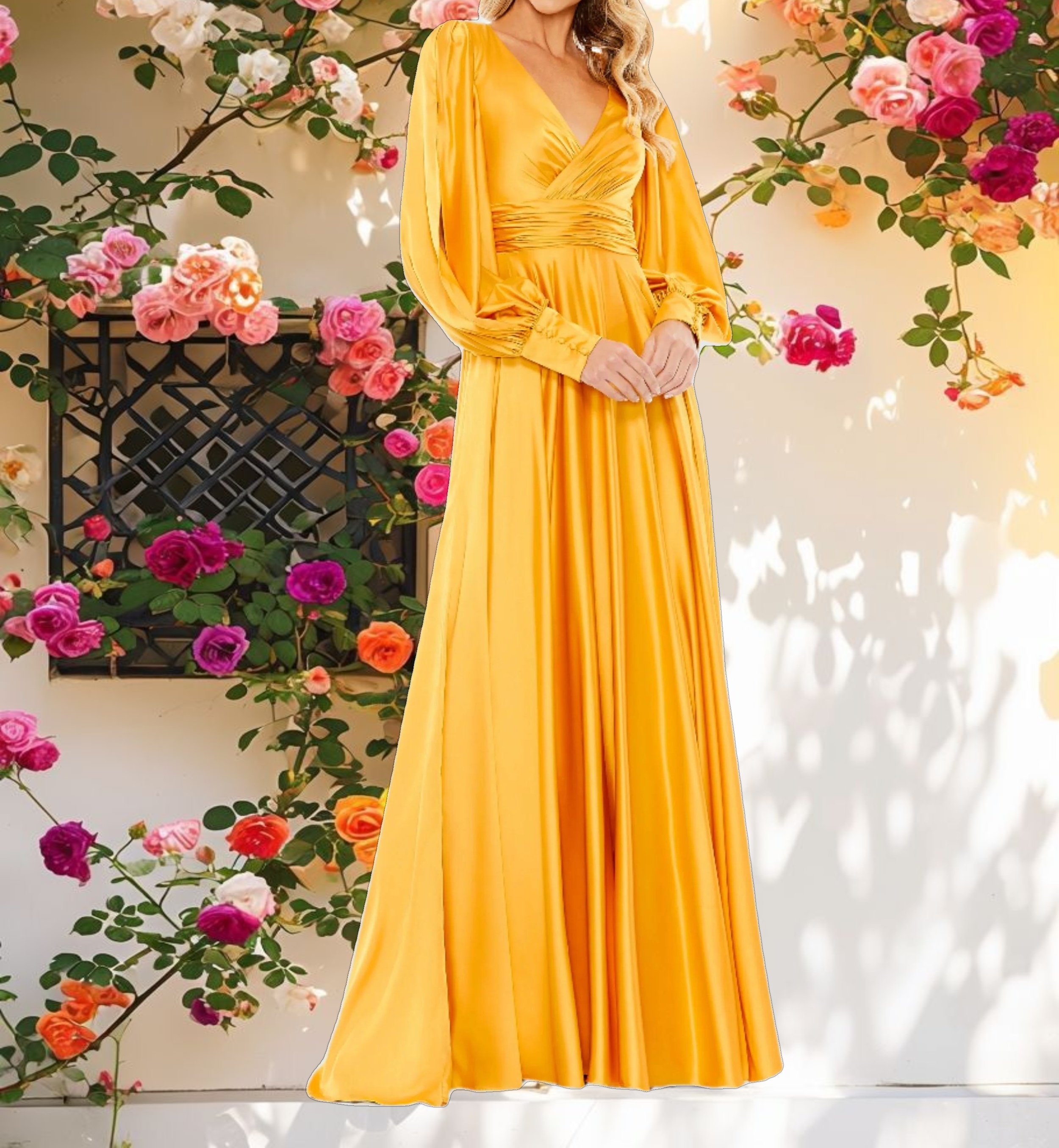 Split Bishop Sleeve Wrap Over Gown