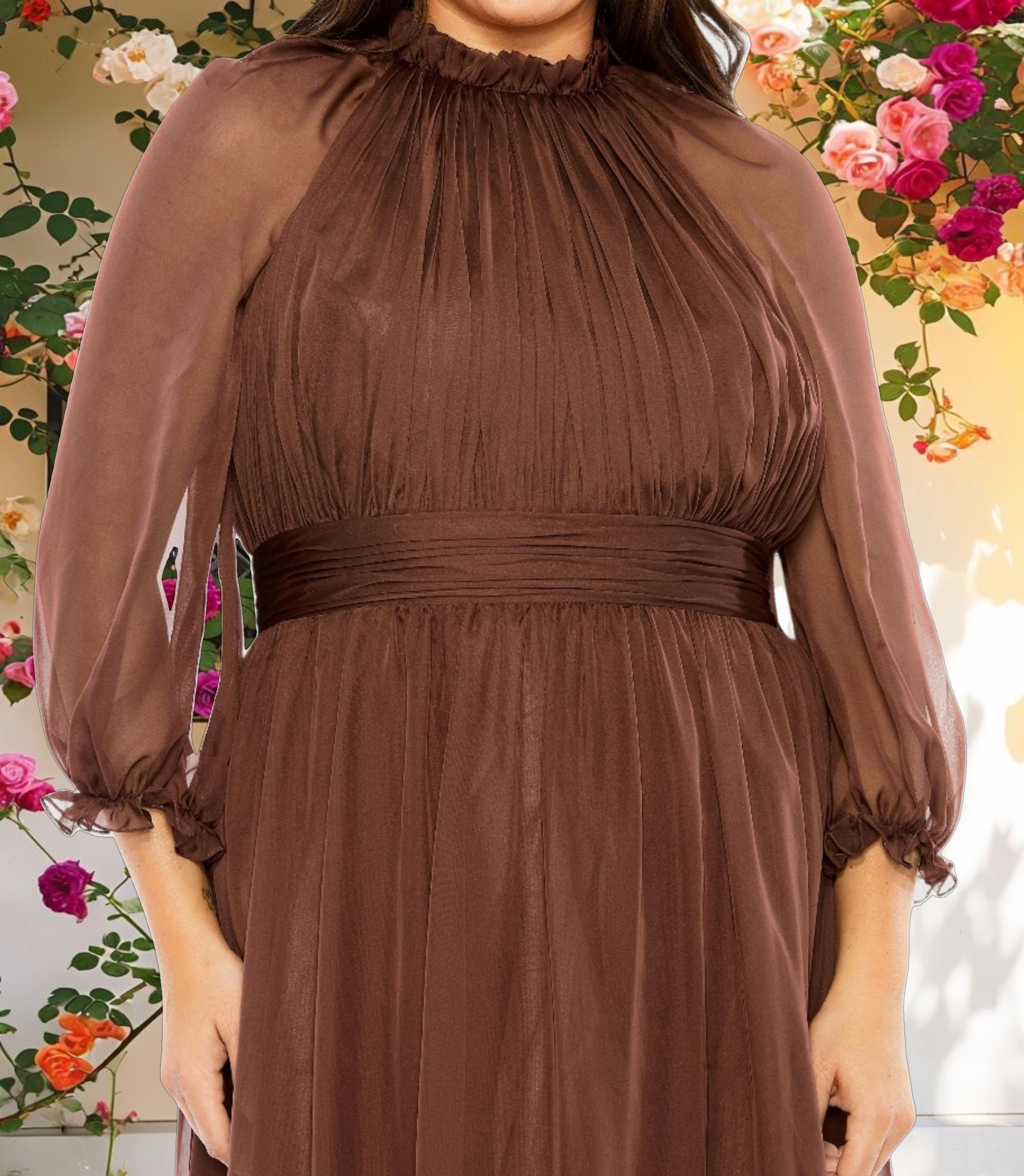 Elegant High Neck Puff Sleeve Tiered A Line Gown