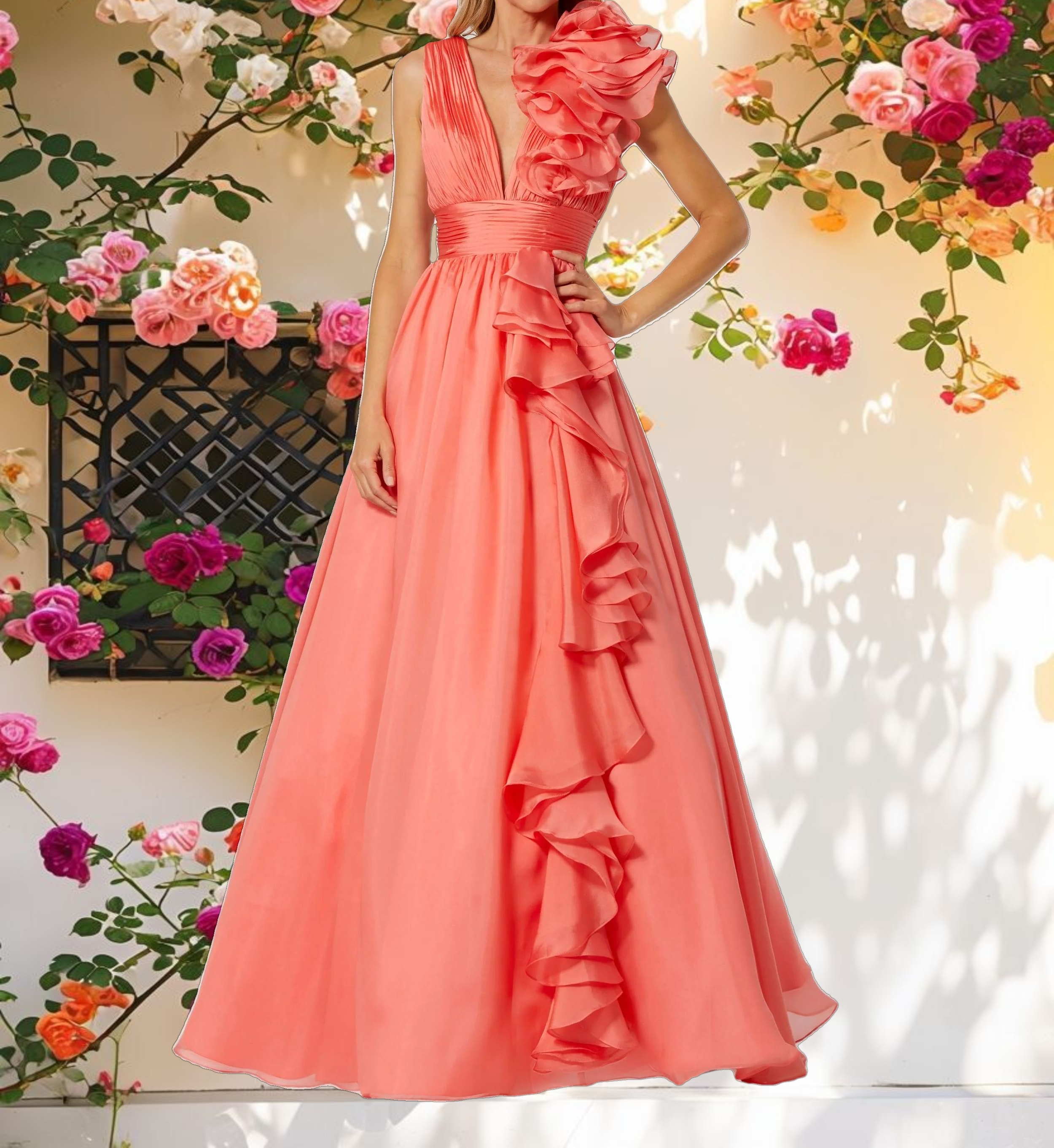 Coral Ruffle Shoulder V-Neck Chiffon Gown