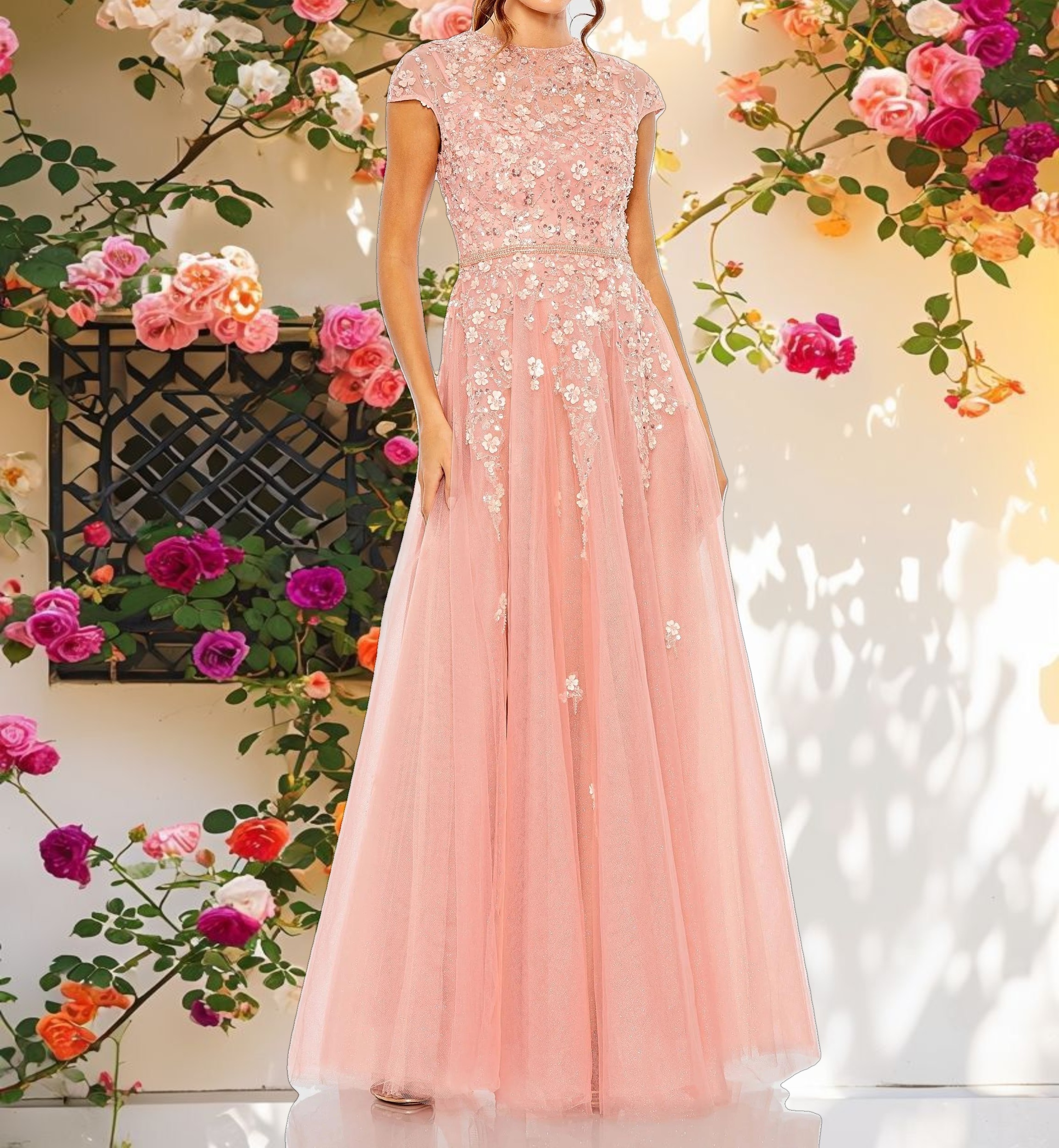 Pink High Neck Cap Sleeve Embellished A Line Gown