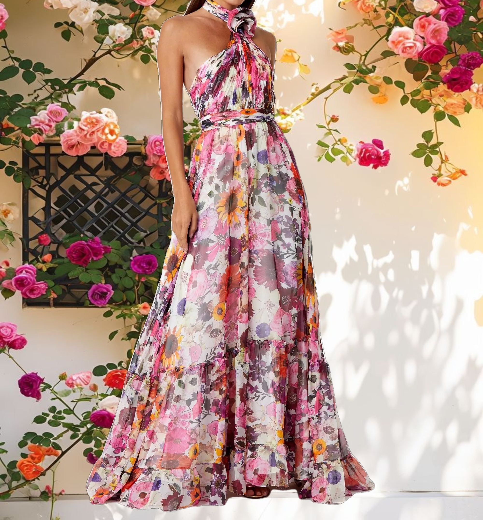 Multicolor Asymmetrical Ruffled Halter Floral Gown