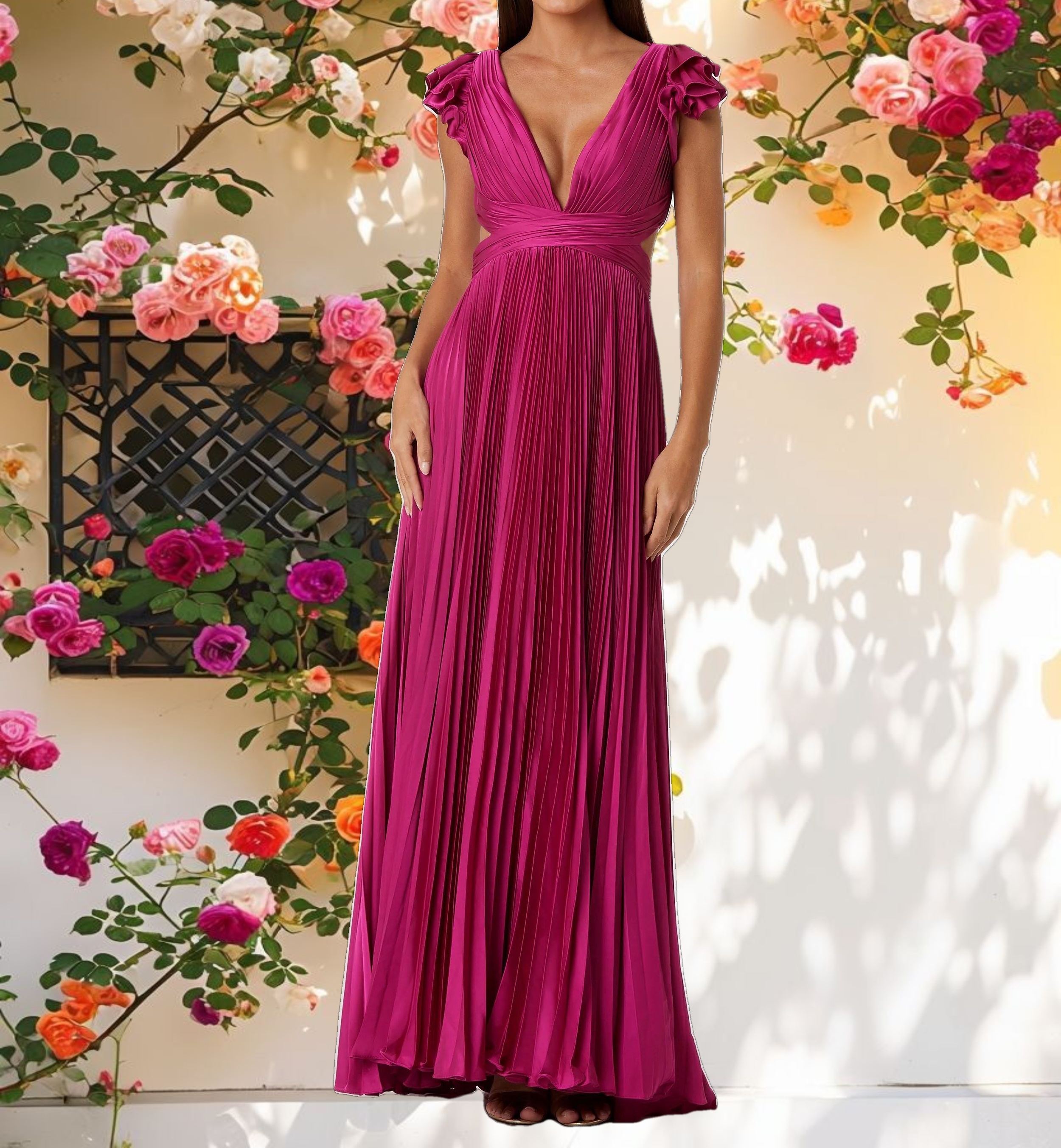 Pleated Ruffled Cap Sleeve Cut Out Lace Up Gown