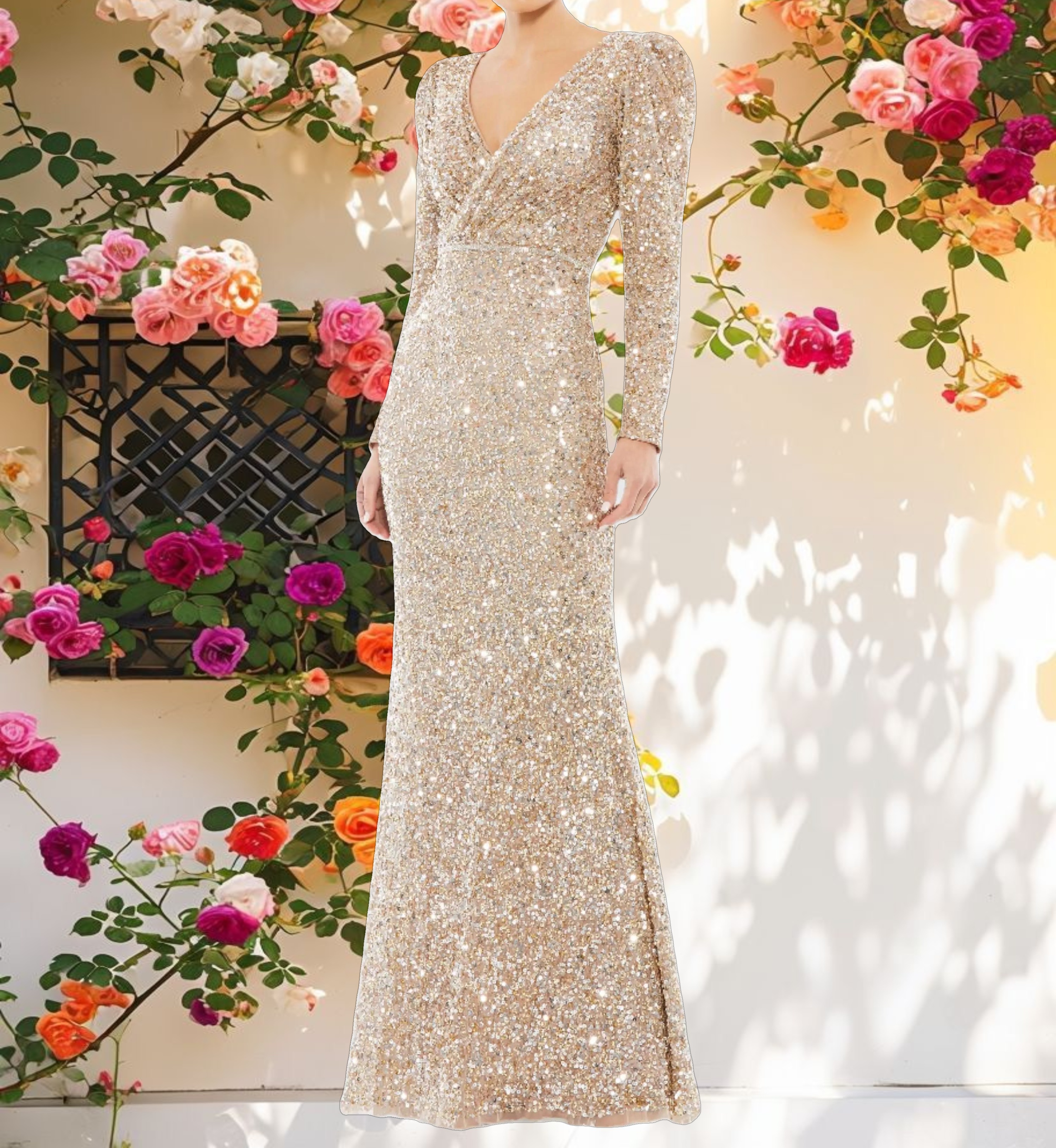 Gold Puff Shoulder Sequined Surplice Gown
