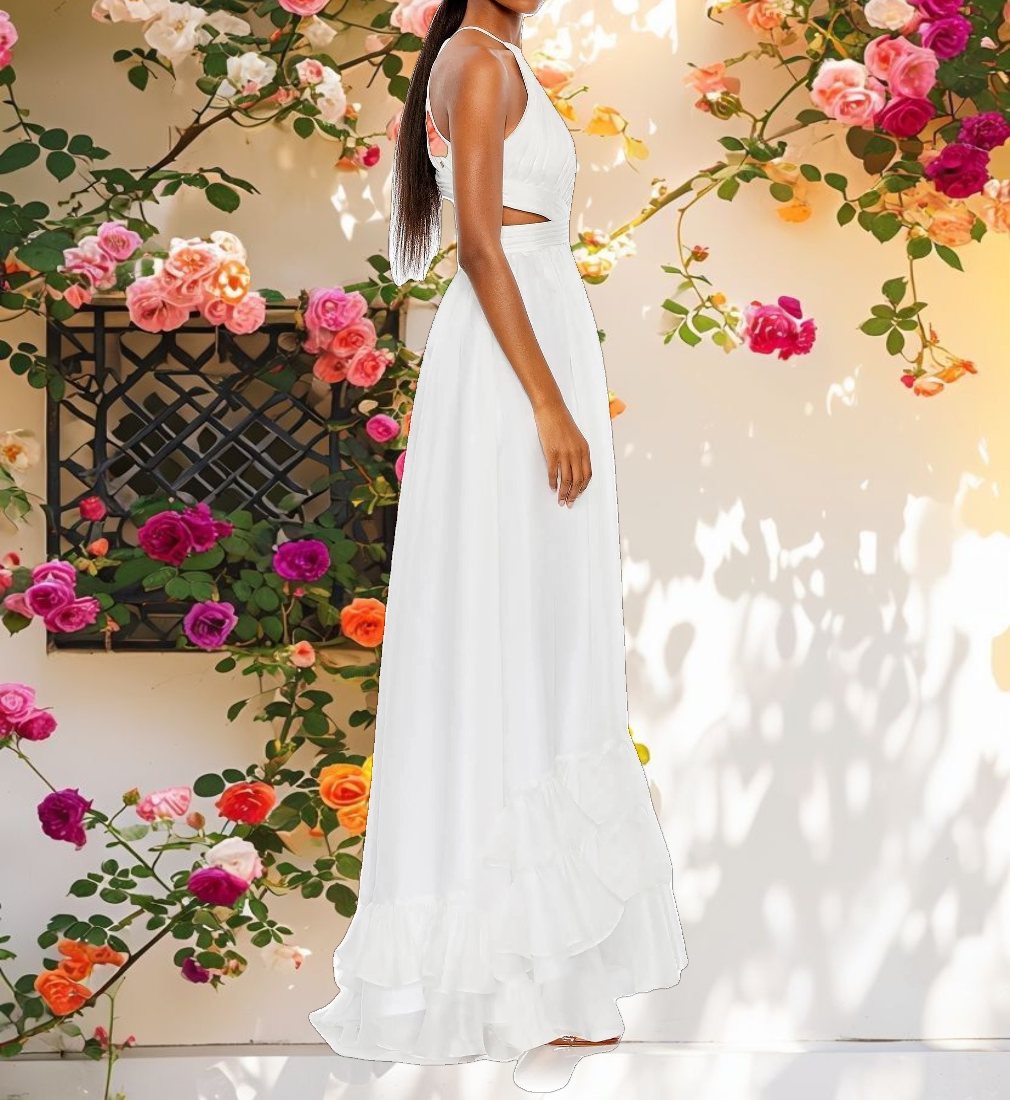 White Pleated Criss Cross Cut Out Halter Neck Gown