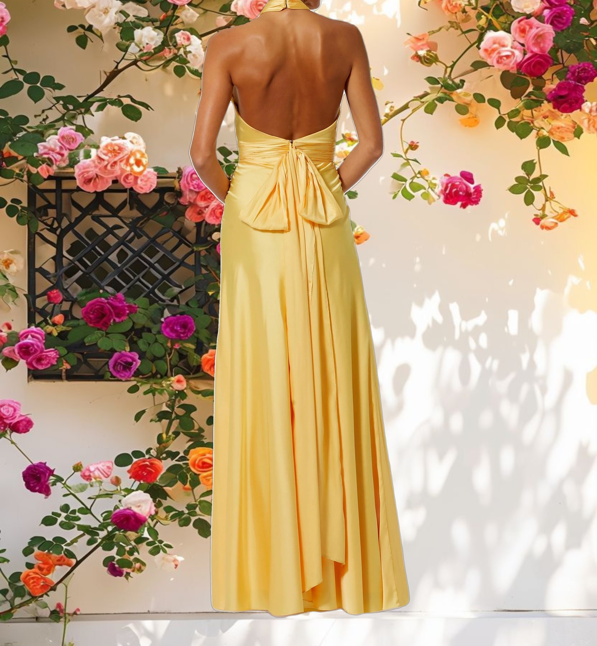 Yellow Ruched Halter Neck Tie Back Satin Gown