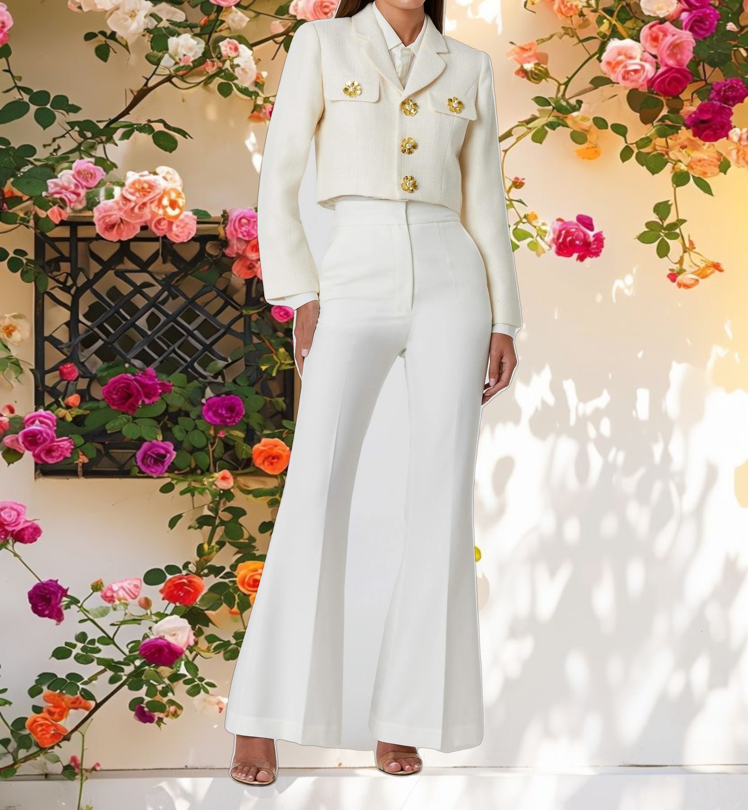 Cropped Tweed Floral Button Jacket