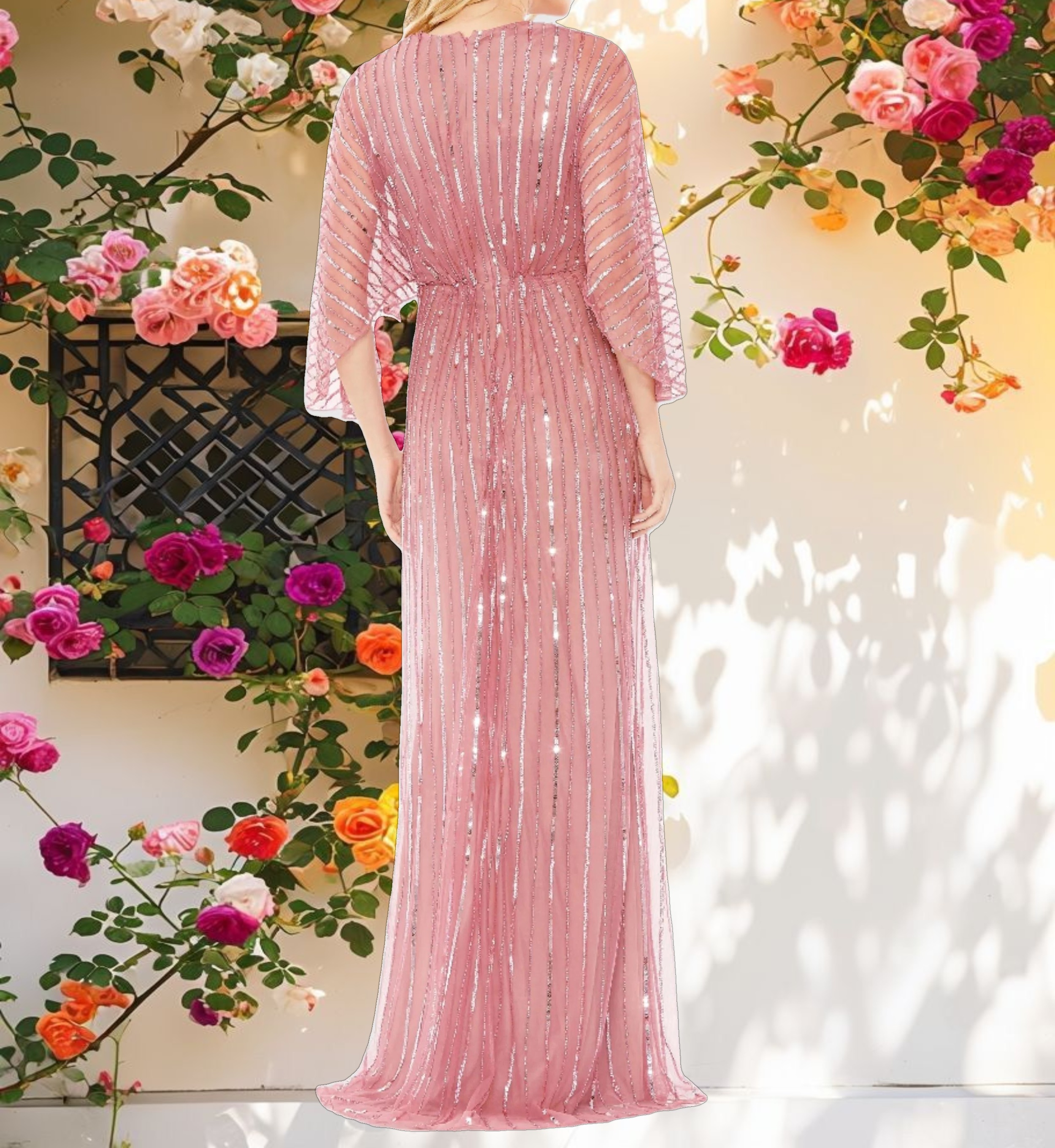 Pink Beaded Striped V Neck Gown