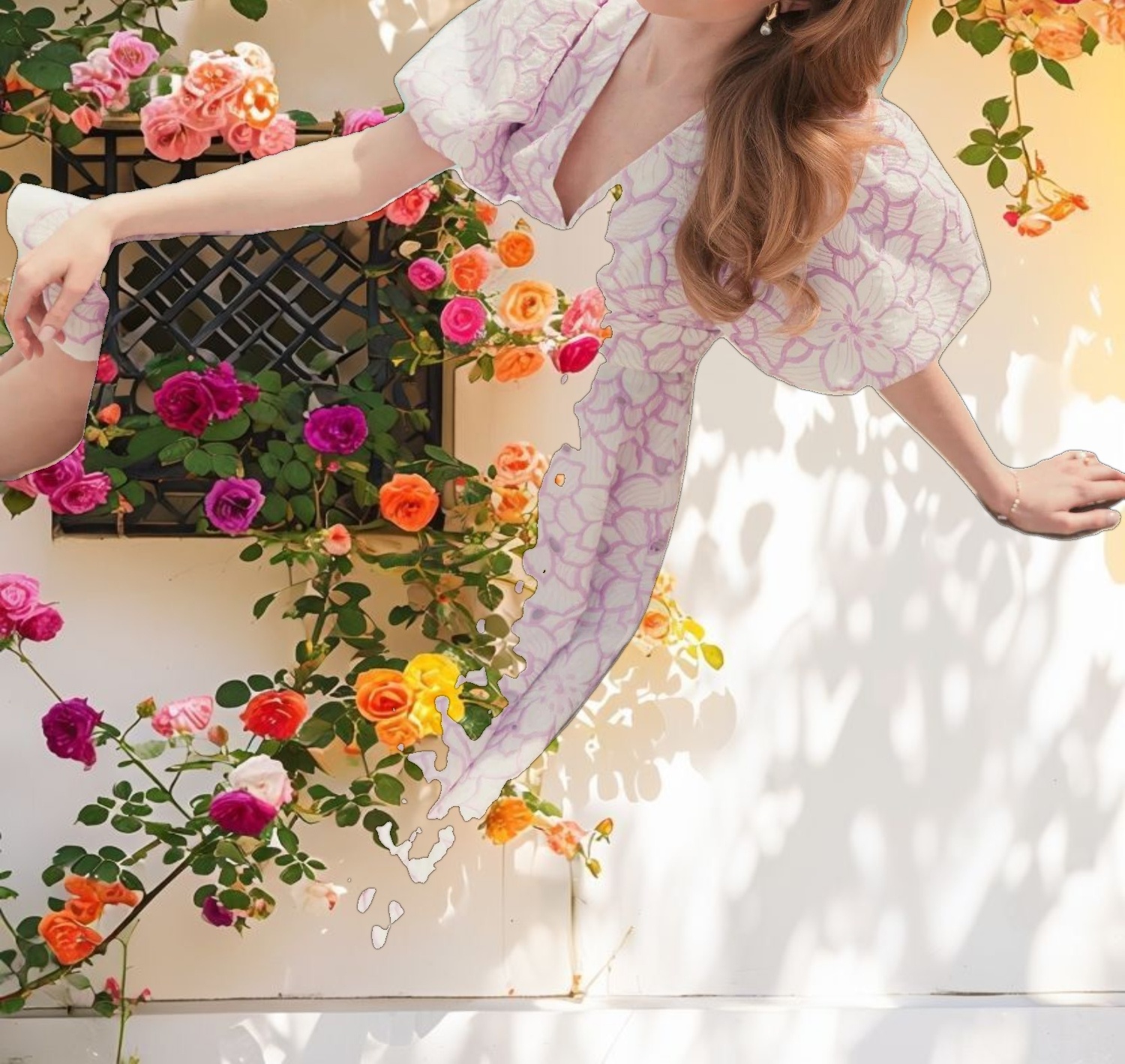 Multicolor Embroidered Floral Puff Sleeve Midi Dress