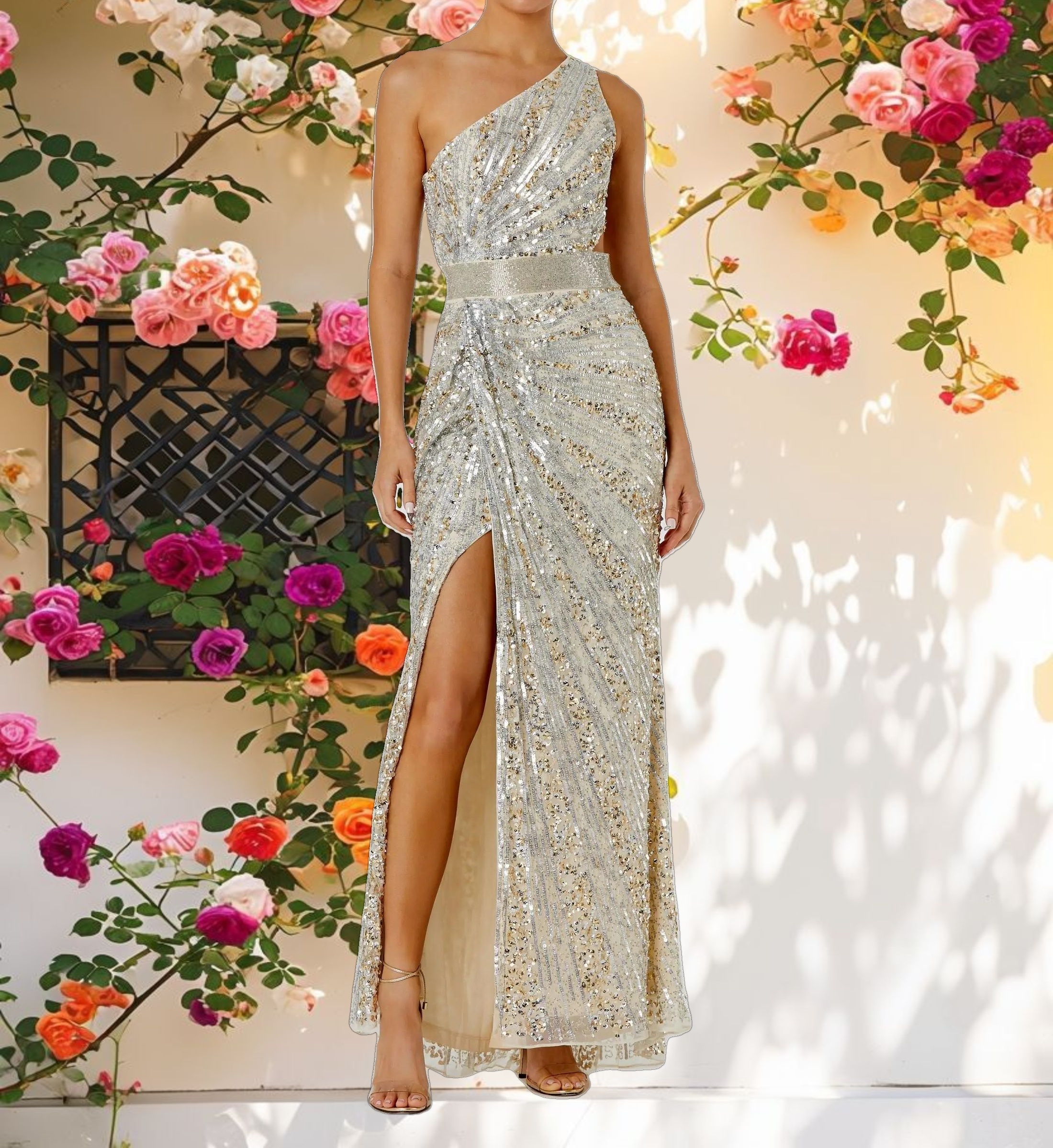 Silver Sequined One Shoulder Draped Lace Up Gown