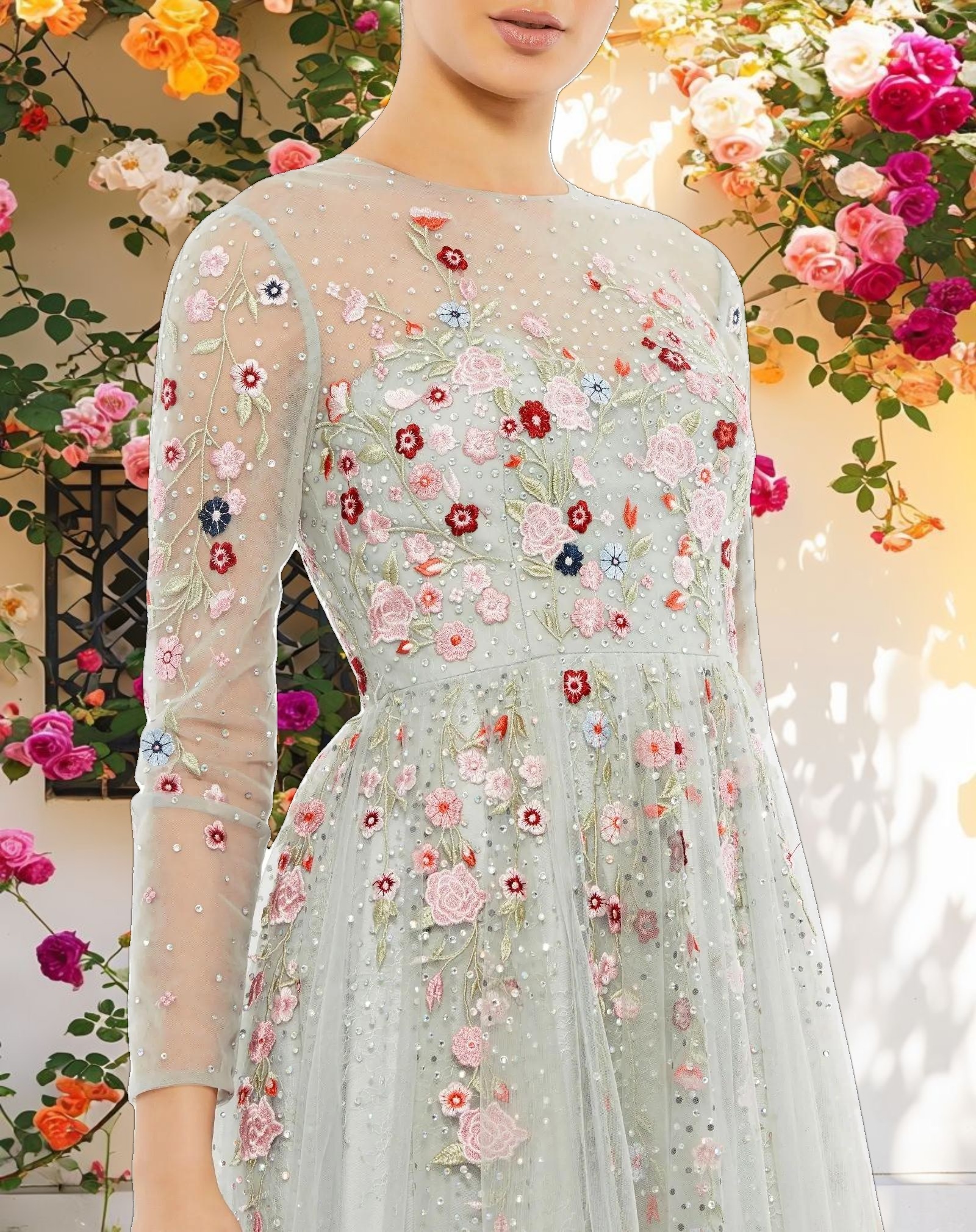 Gray Embroidered Illusion High Neck Long Sleeve A Line Gown