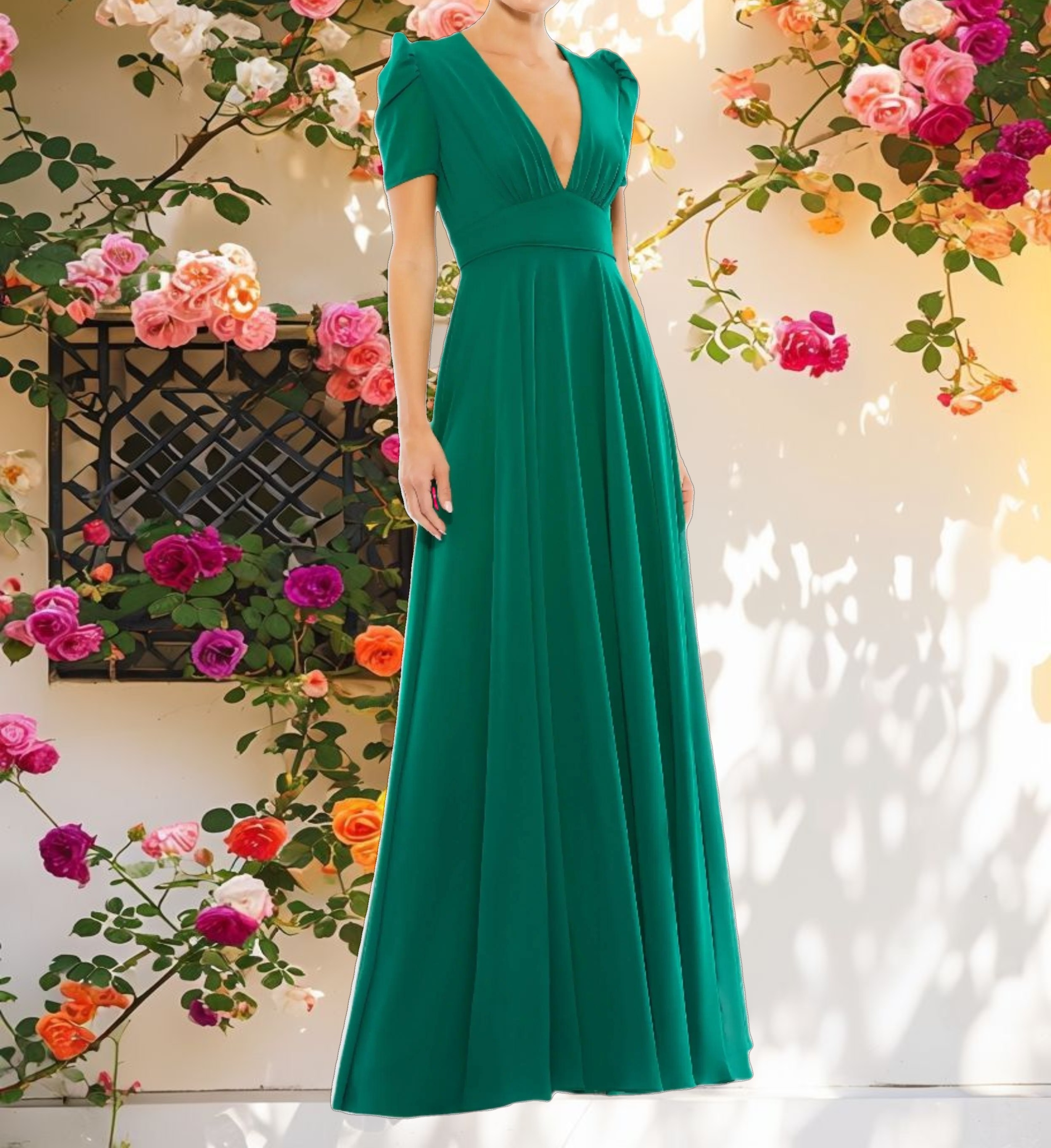Green Plunge Neck Cap Sleeve Gown
