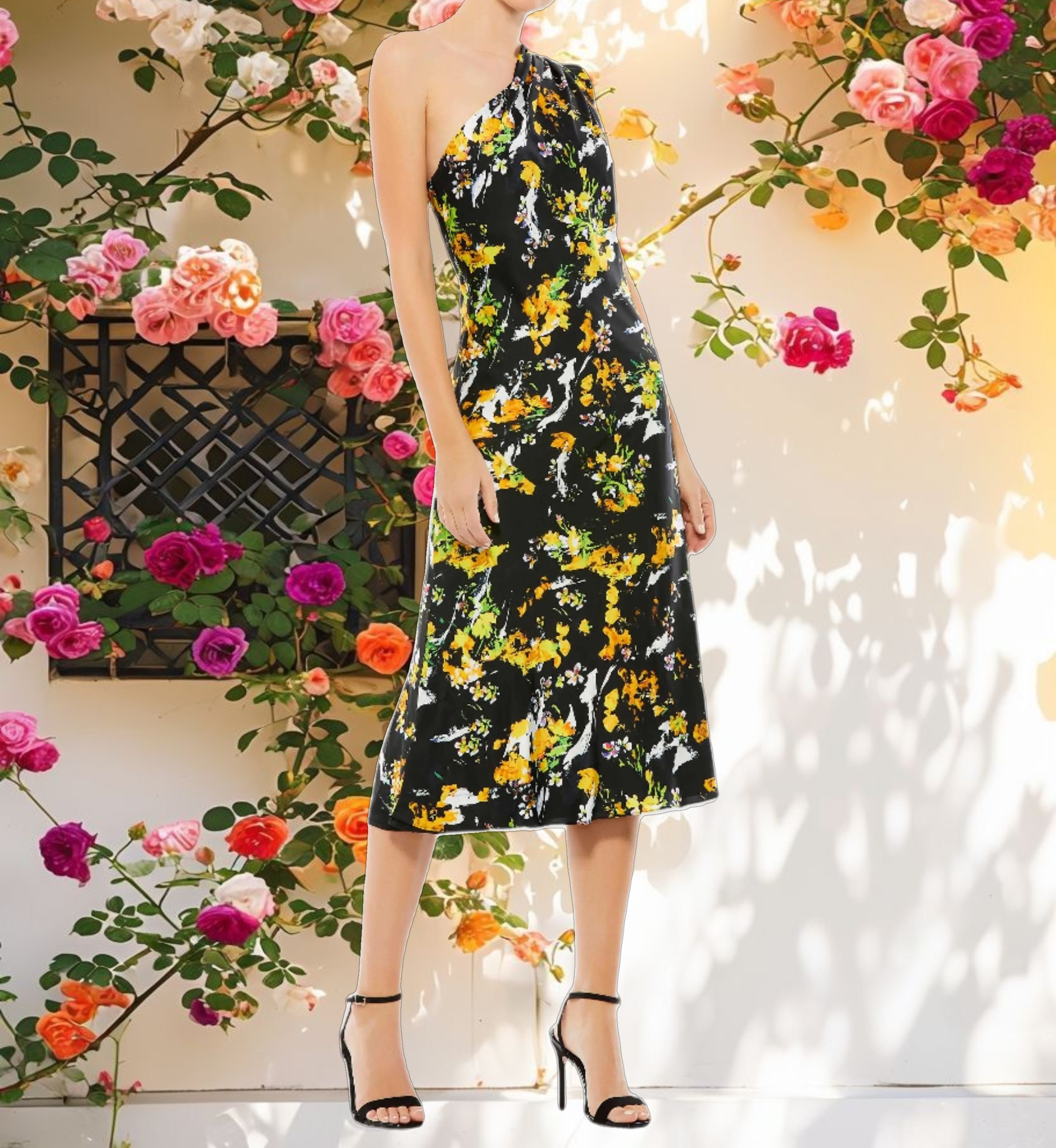 Floral Print Draped One Shoulder Midi Dress