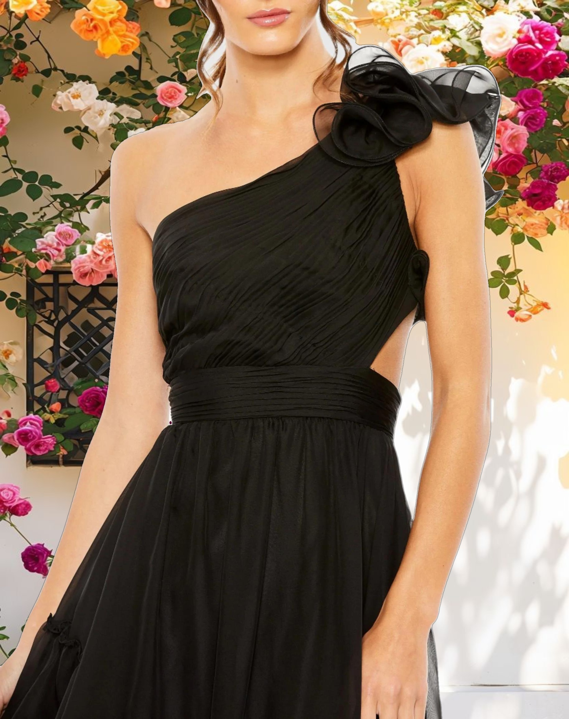Black Ruffled One Shoulder Asymmetrical Gown
