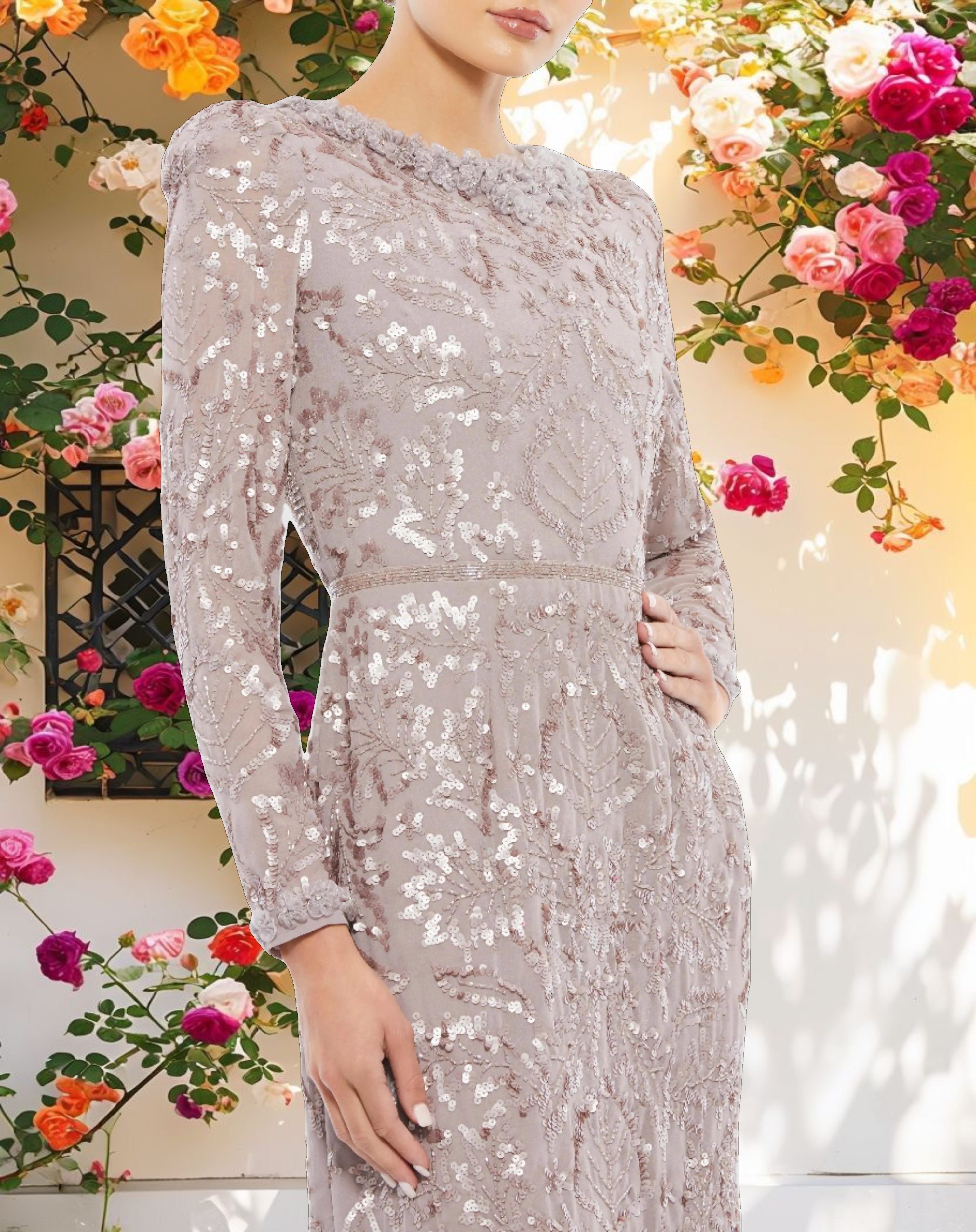 Mauve Embellished High Neck Puff Sleeve Midi Sheath Dress