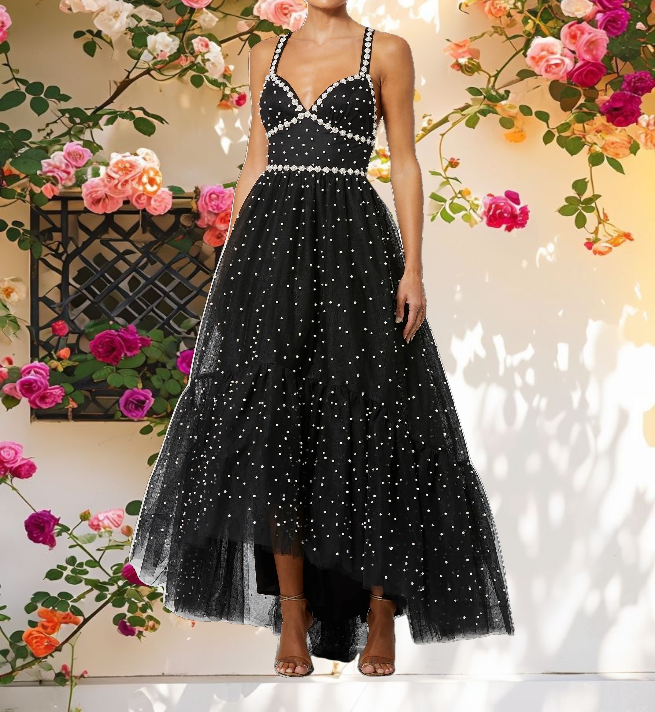 Black Pearl Beaded High Low Gown