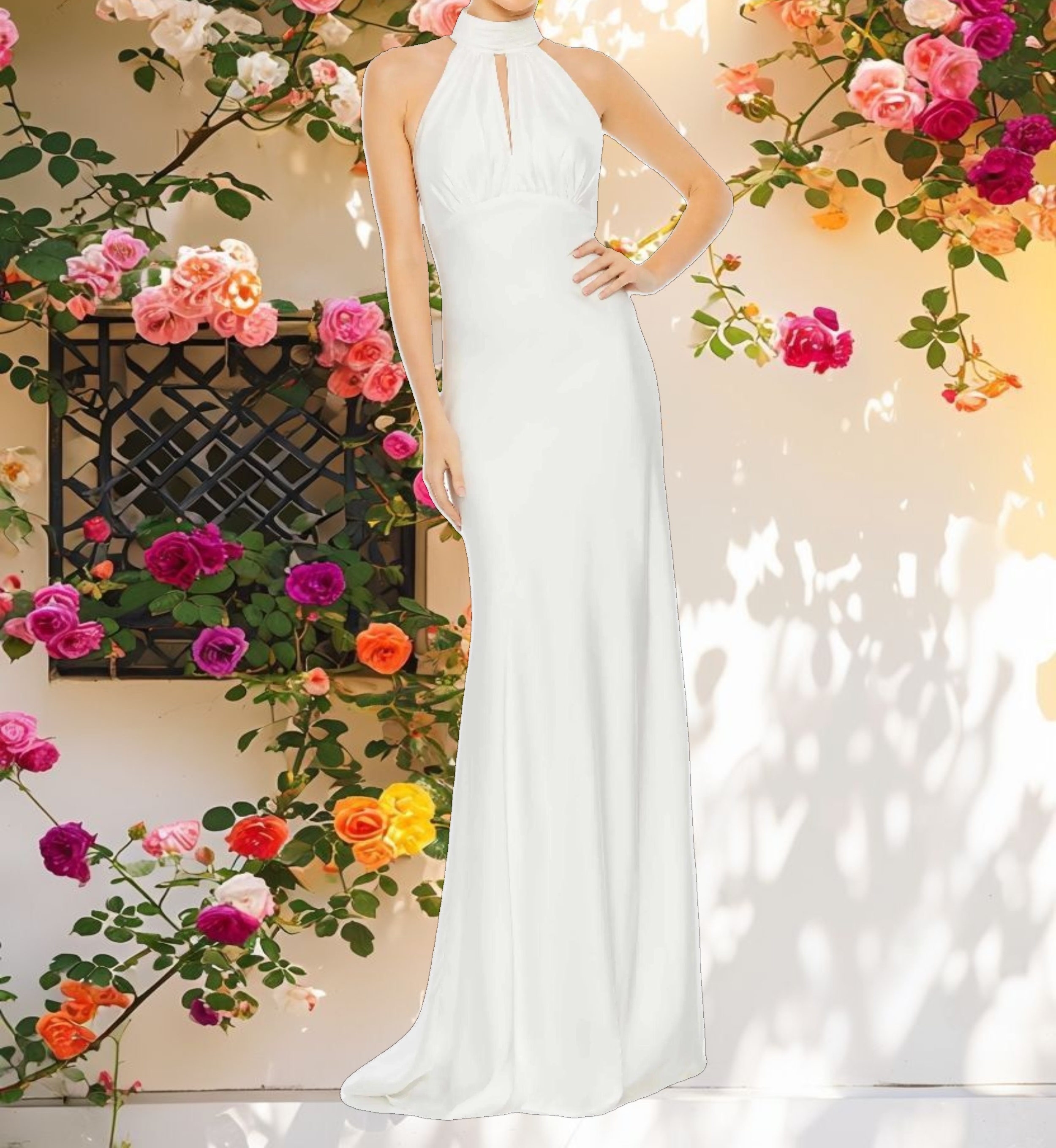 White Keyhole Halter Empire Waist Gown
