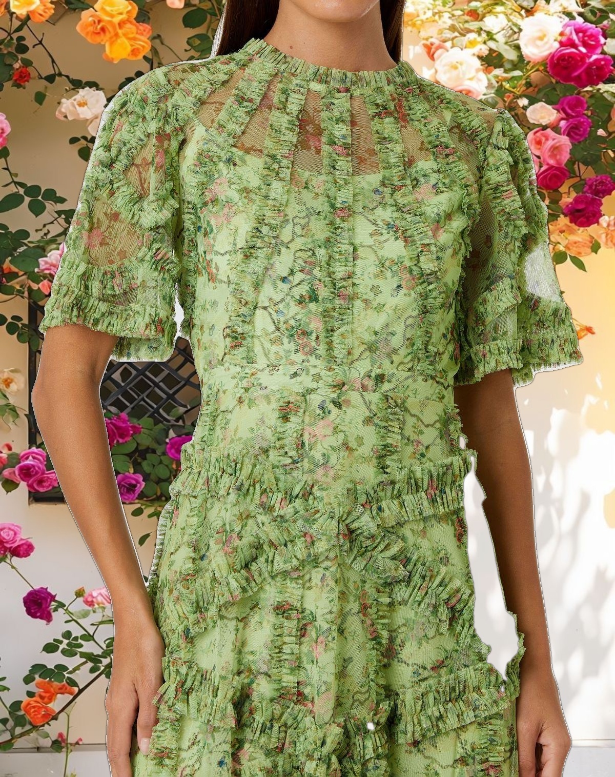 Floral Flutter Sleeve Mesh Print Dress