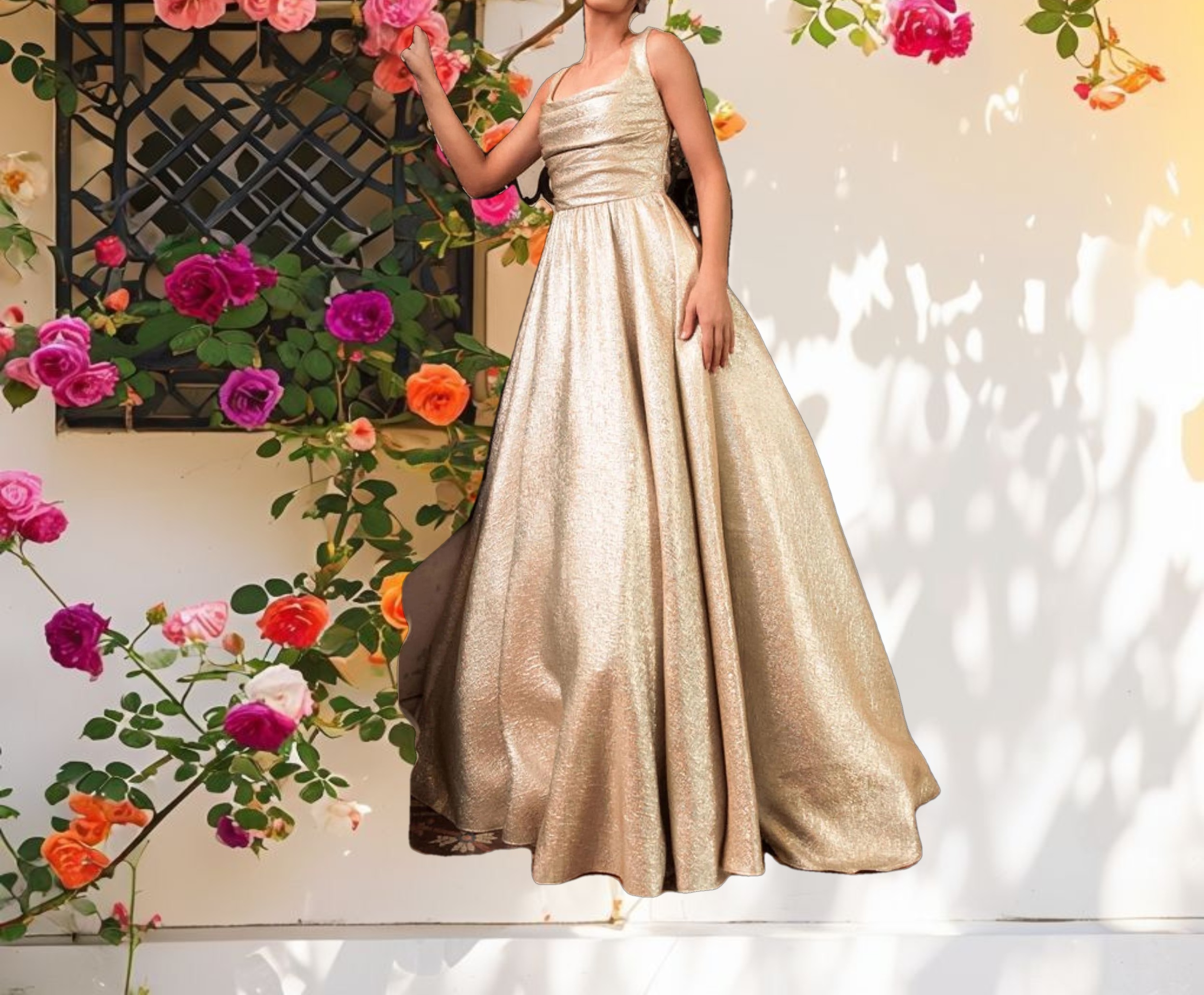 Gold Metallic Pleated Bodice Ballgown