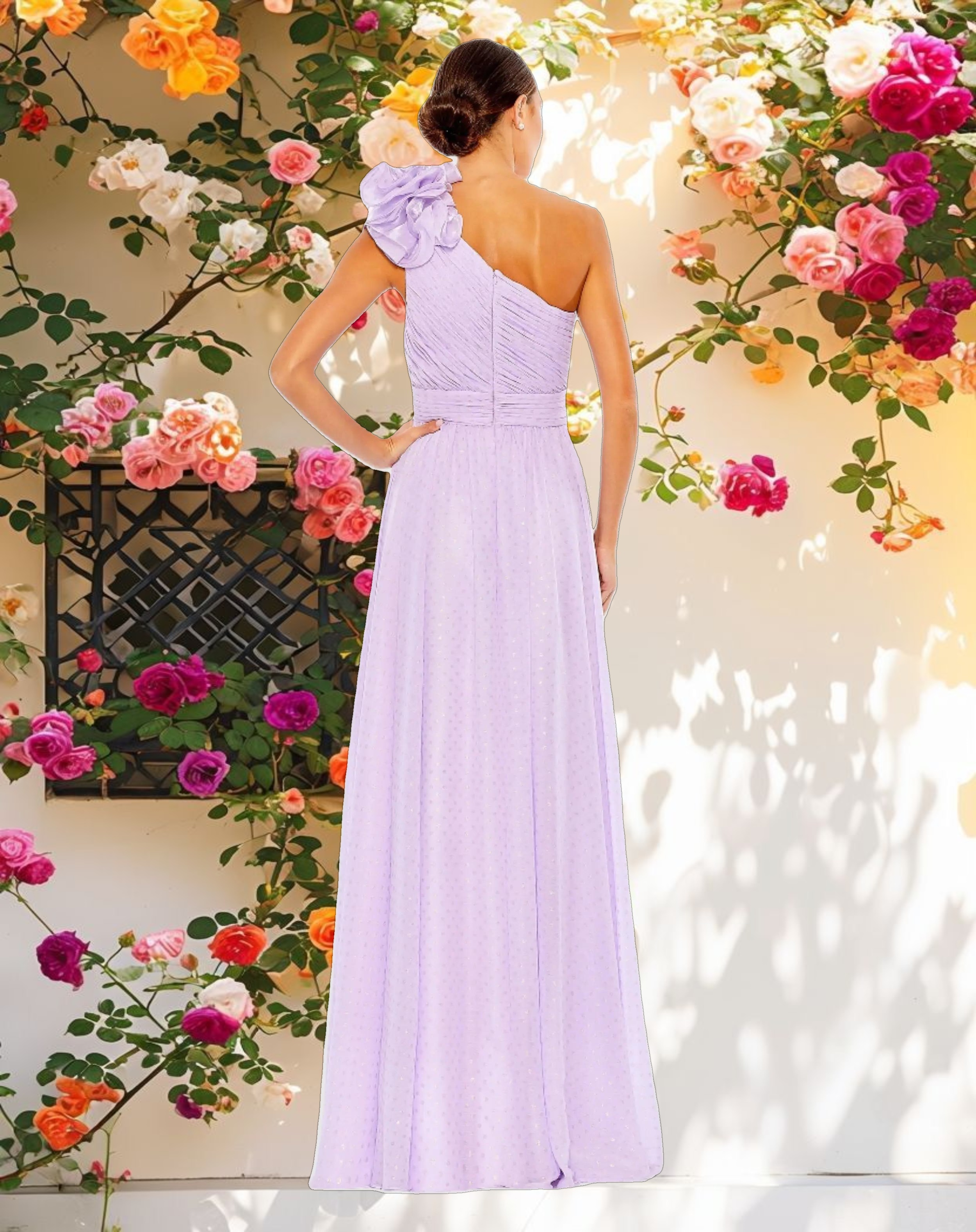 Purple Polka Dot Ruffled One Shoulder Gown