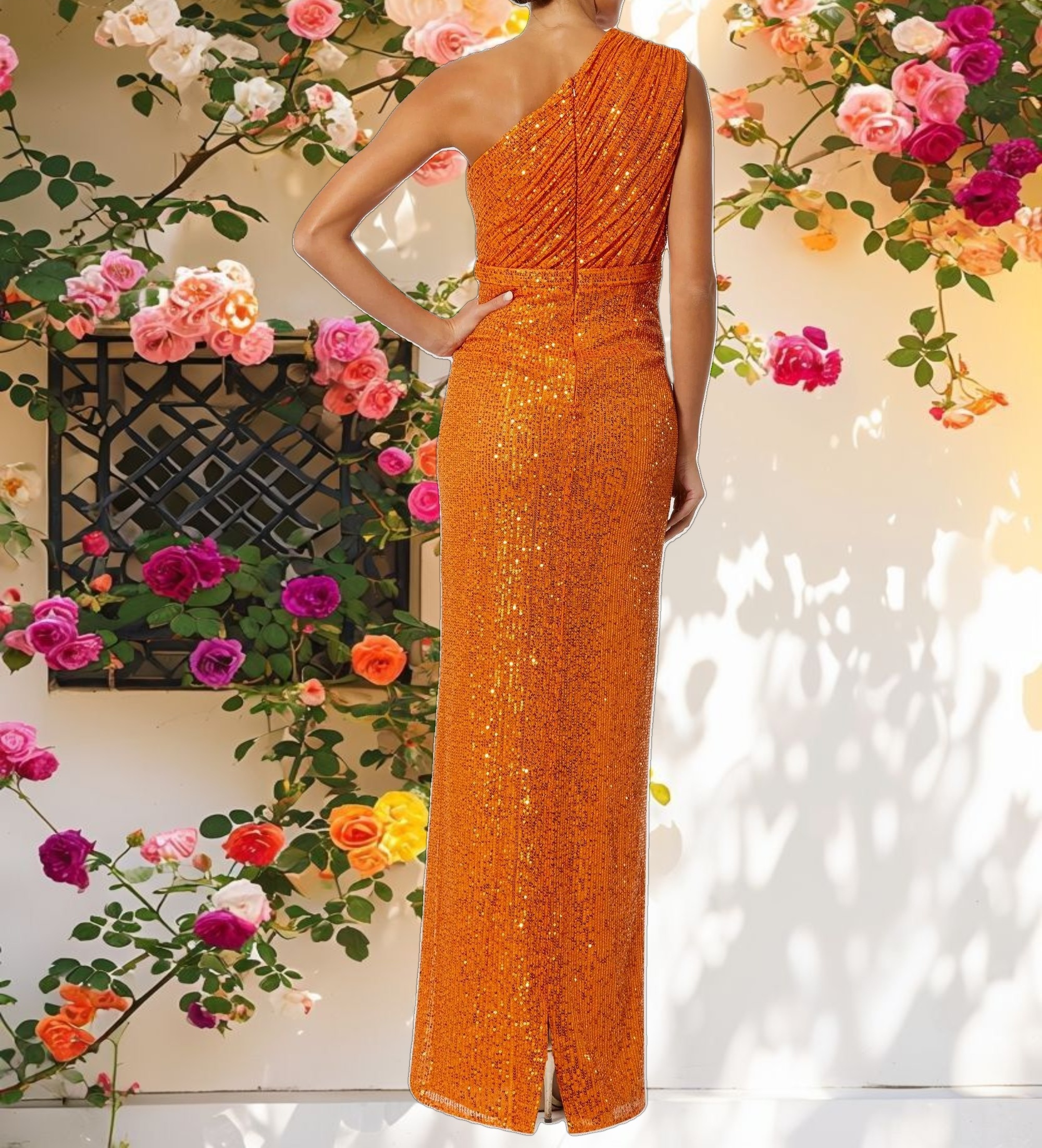Orange Sequined Ruched One Shoulder Gown