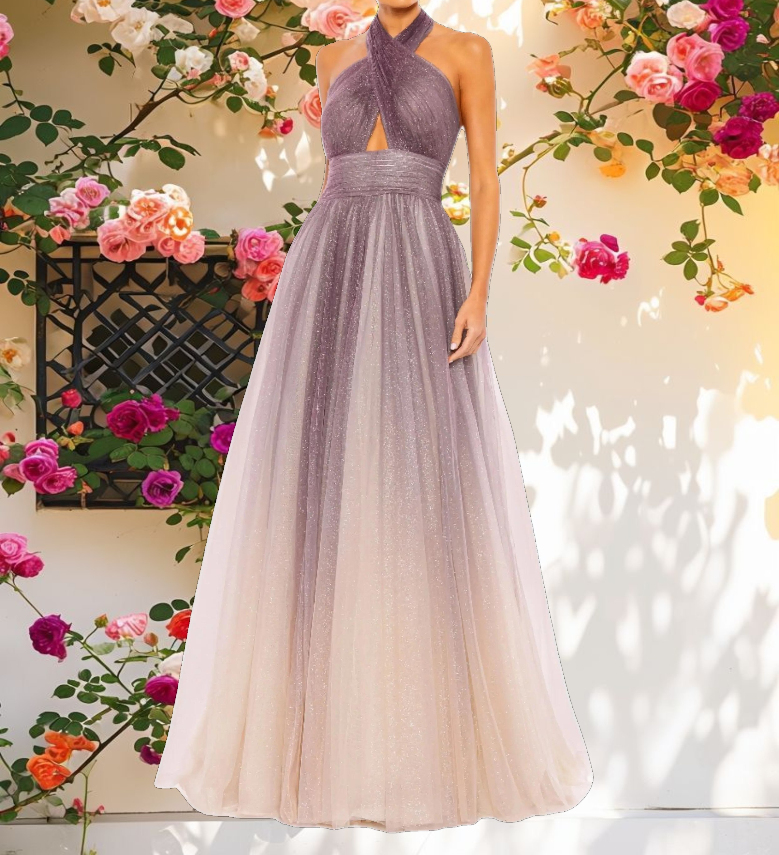 Multicolor Glitter Ombre Halter Neck Ballgown