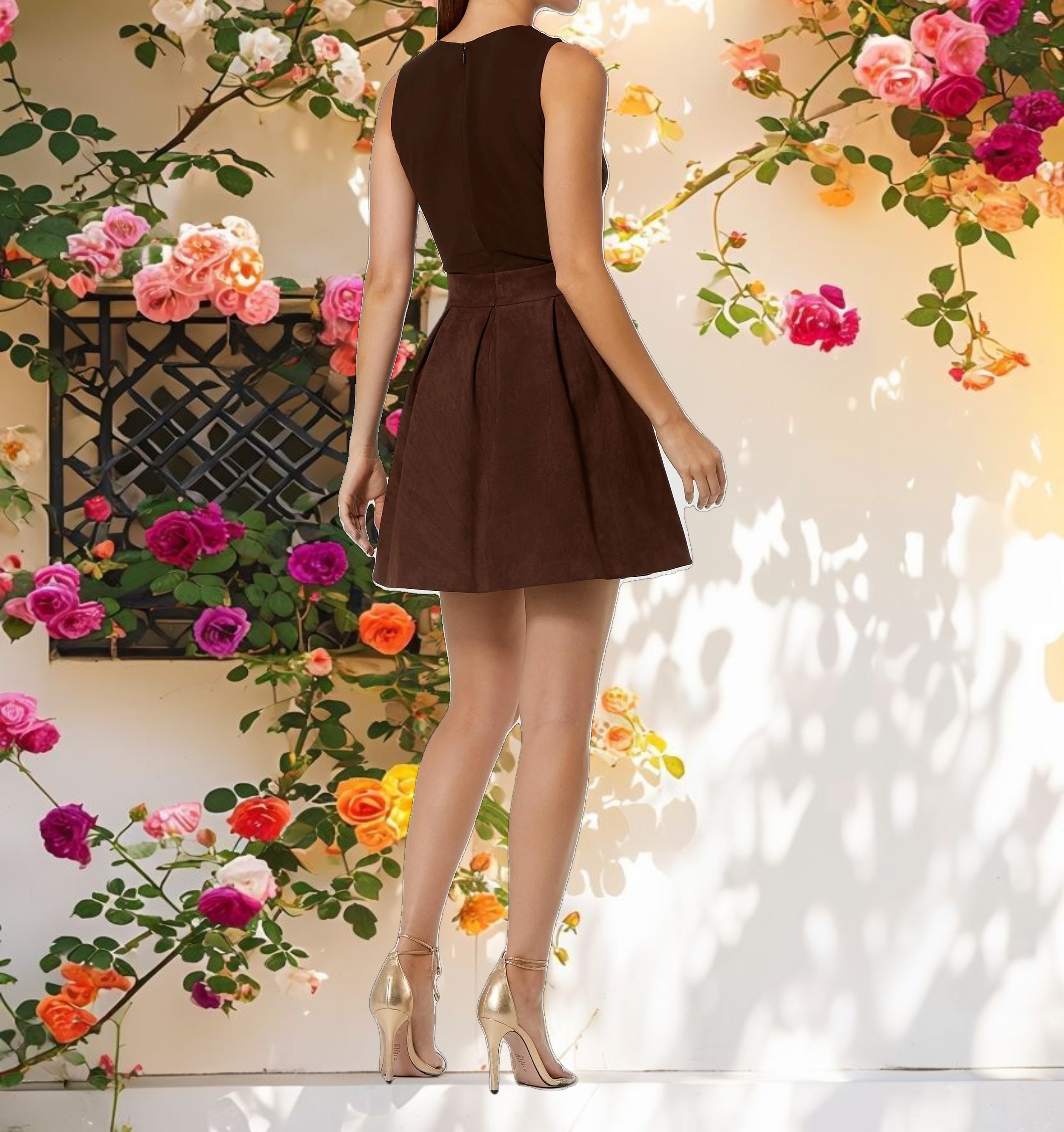 Brown Sleeveless Mesh And Suede A Line Mini Dress