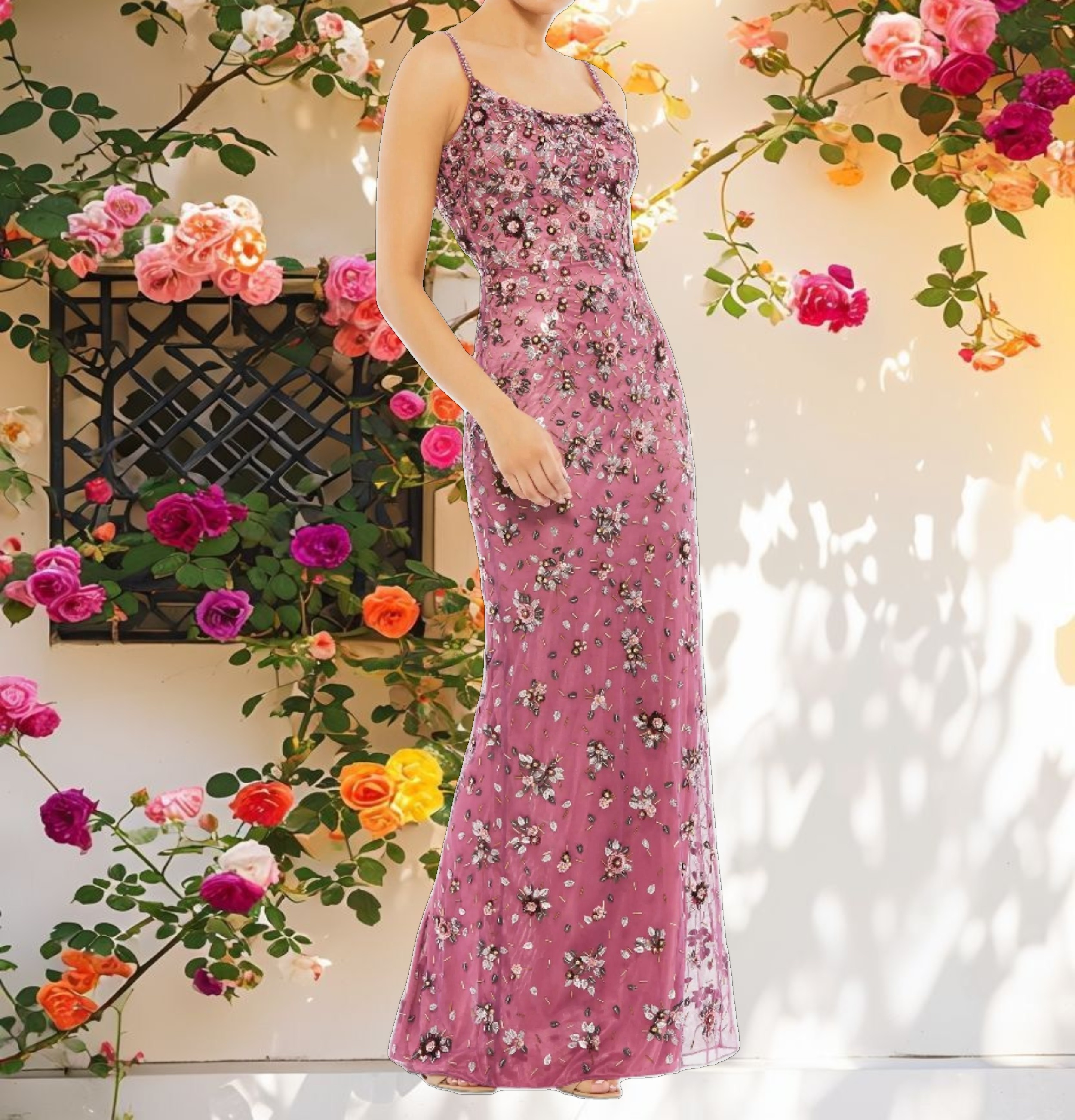 Floral Embellished Scoop Neck Evening Gown