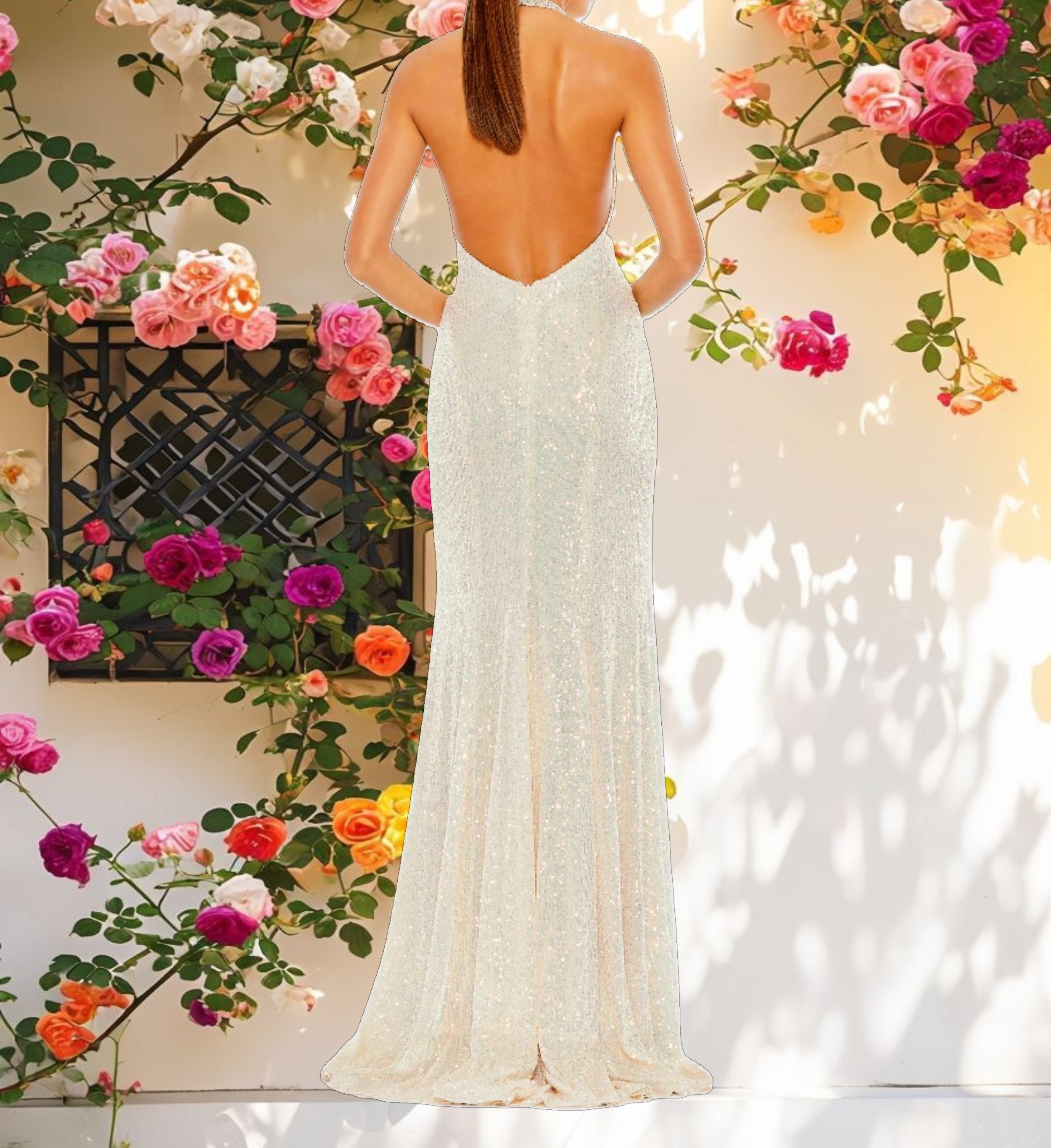 White Sequined High Neck Rhinestone Trim Column Gown