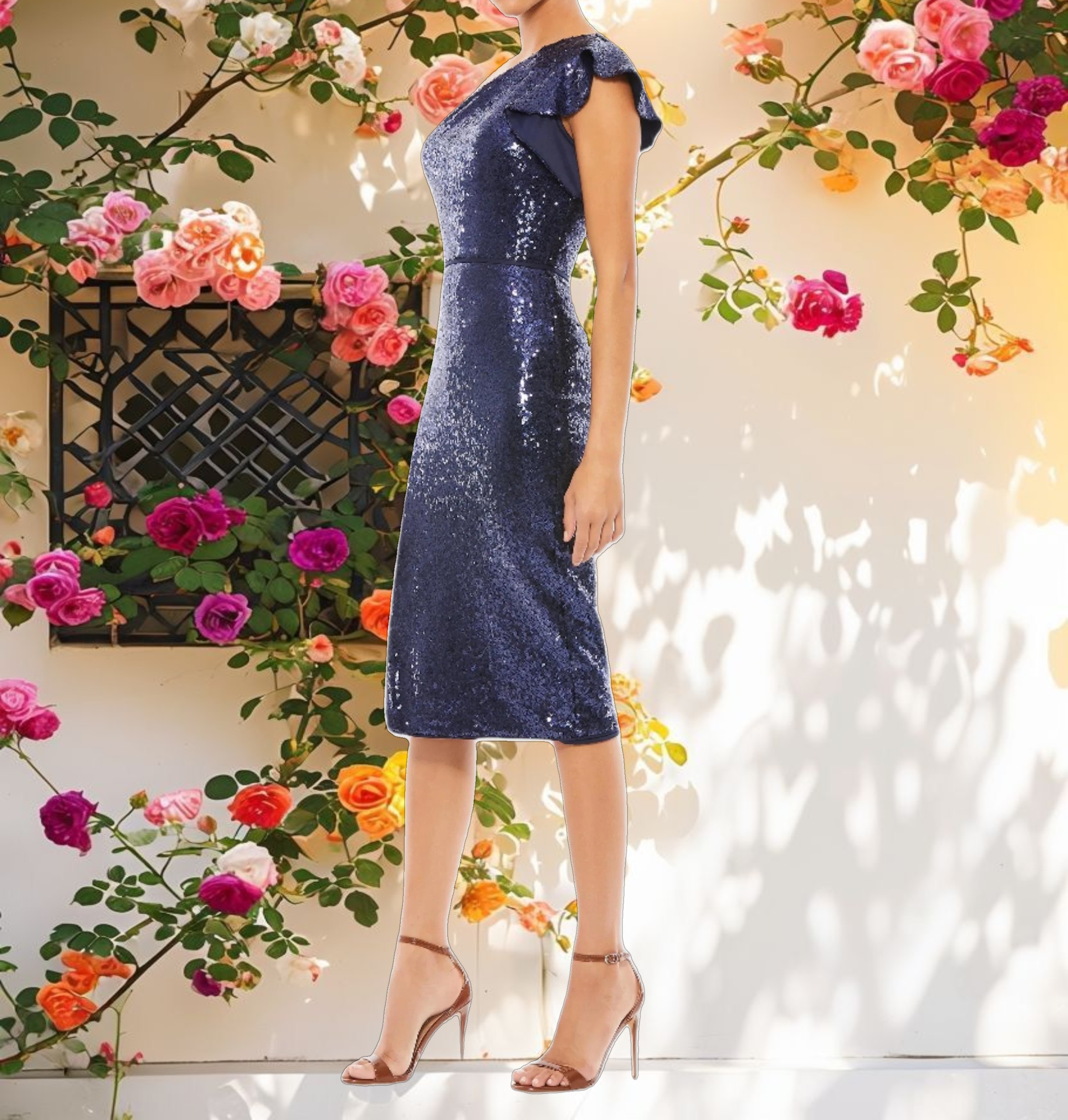 Blue Sparkle Half-Sleeve Medium Length Dress