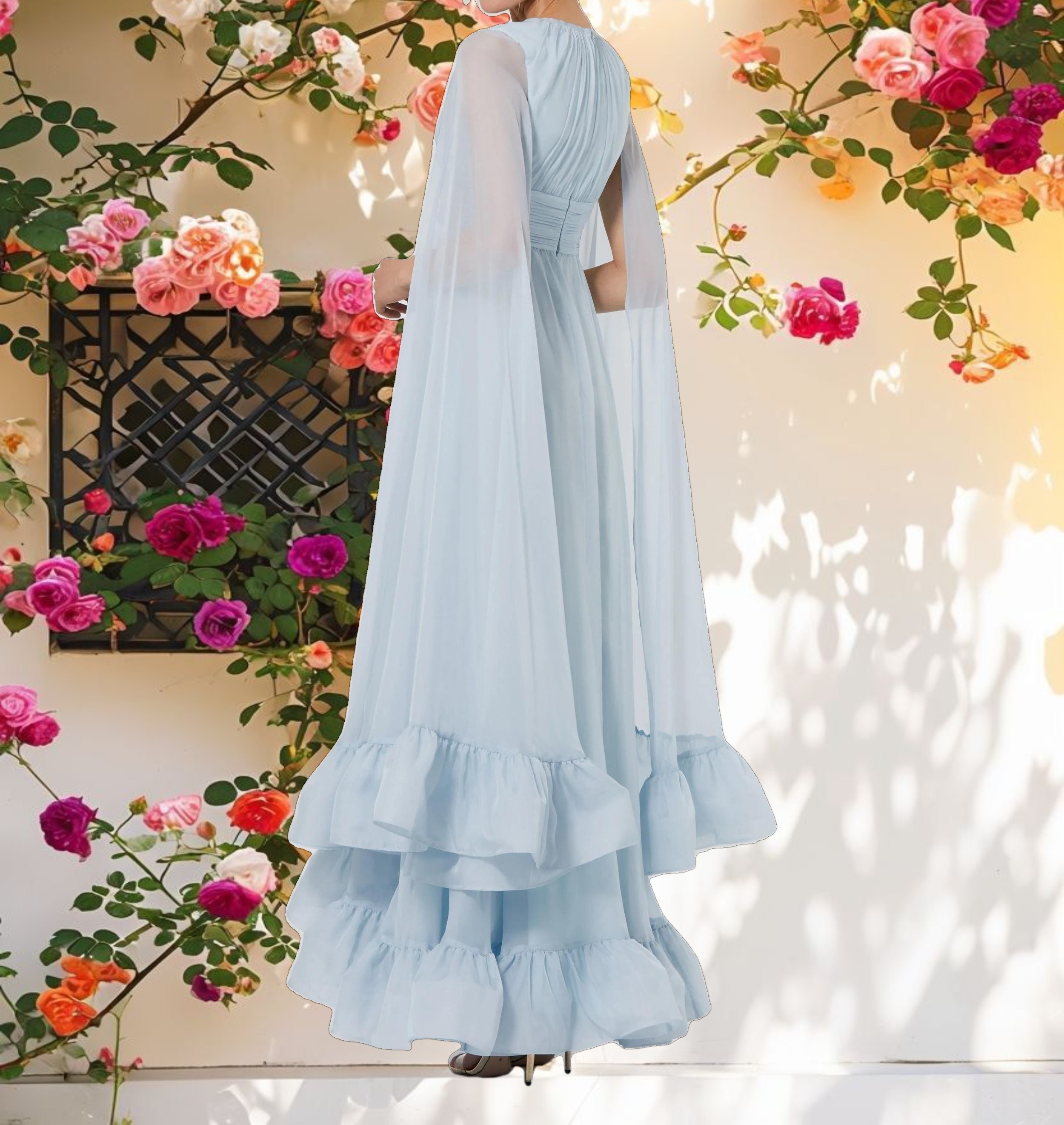 Blue Chiffon Cape Sleeve Dress With Keyhole