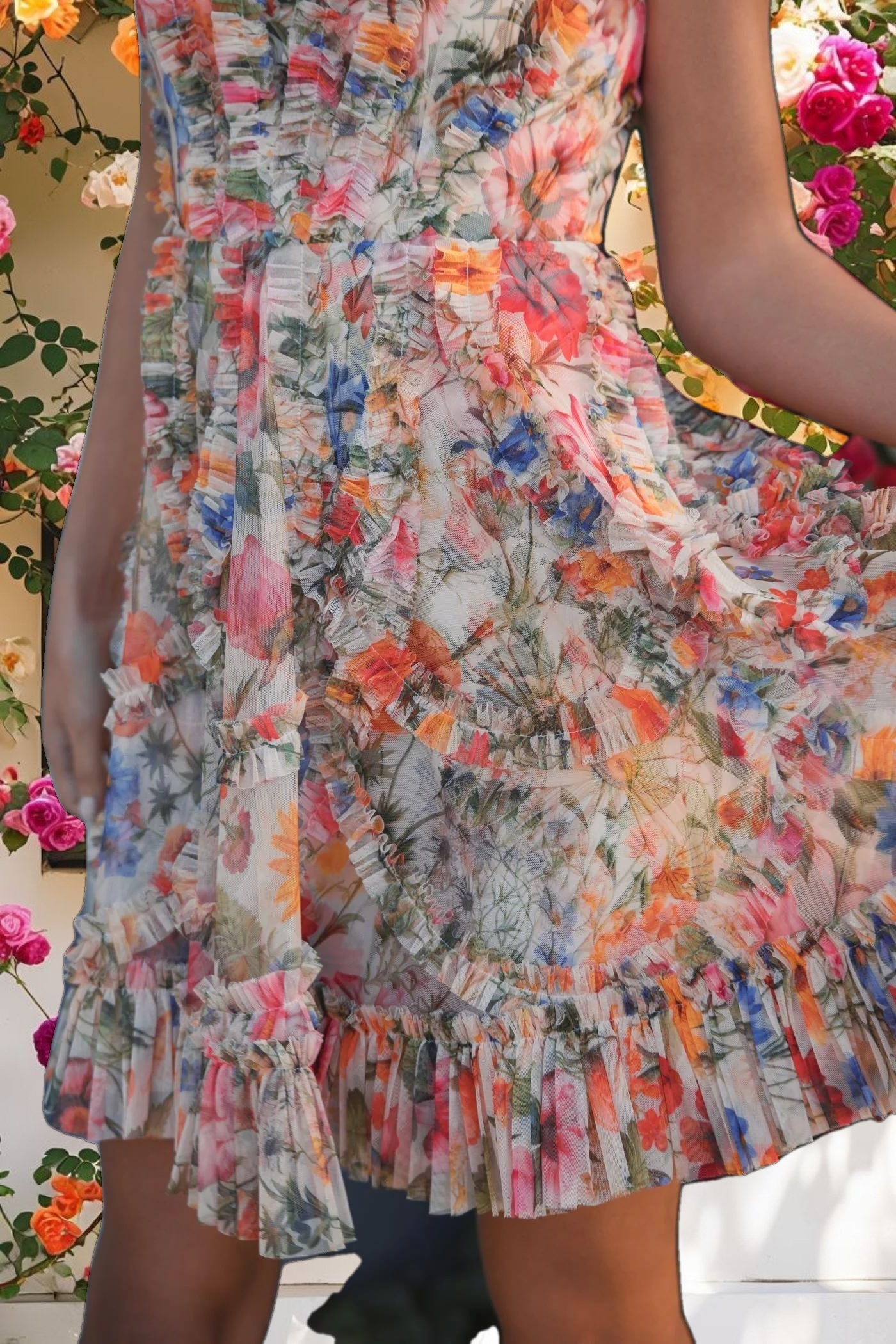 Colorful Net Small Ruffle High Neck Mini Dress