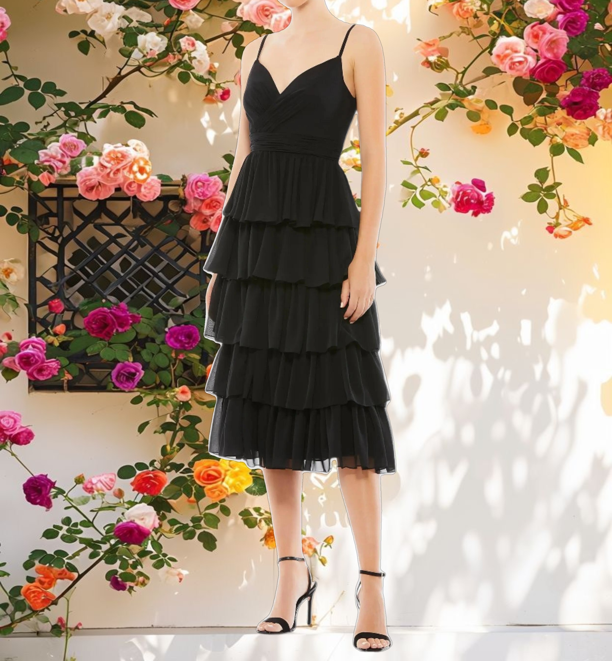 Black Ruffle Layered V Neck Midi Dress