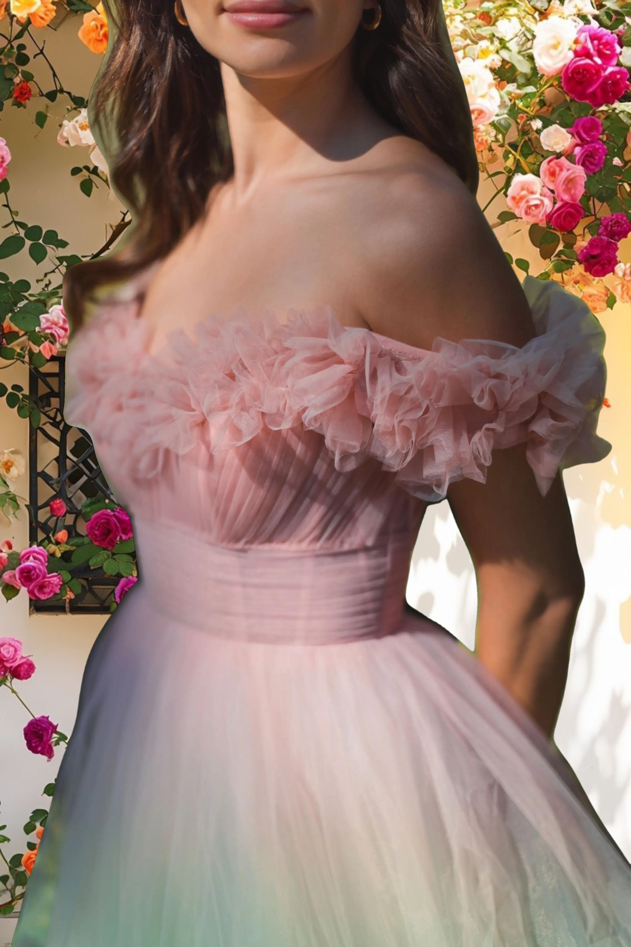 Multi-color Off The Shoulder Ombre Tulle Dress