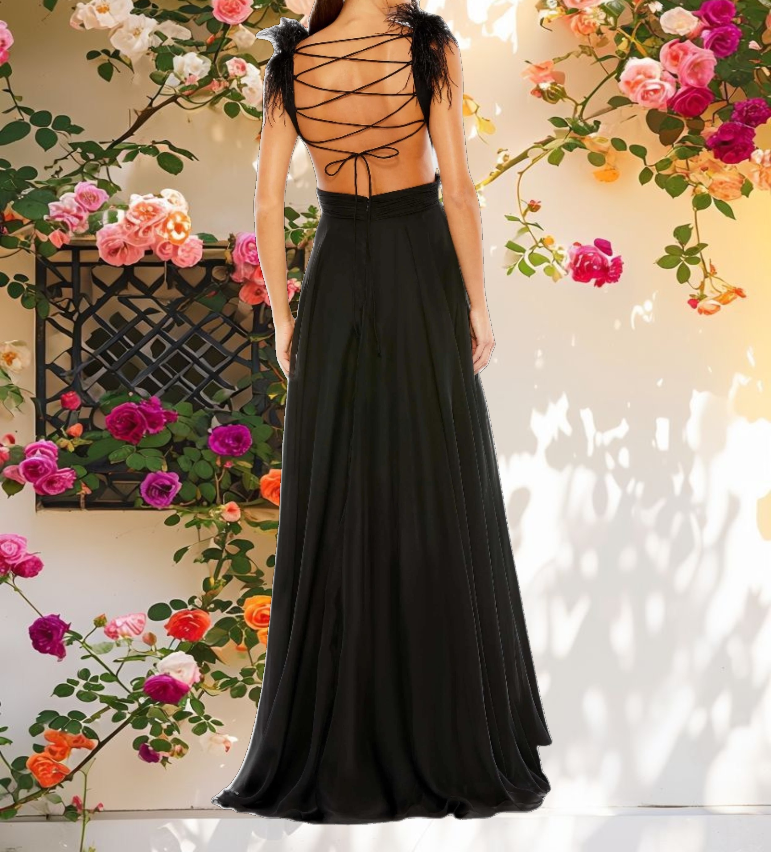 Black Plunge Ostrich Feather A Line Gown